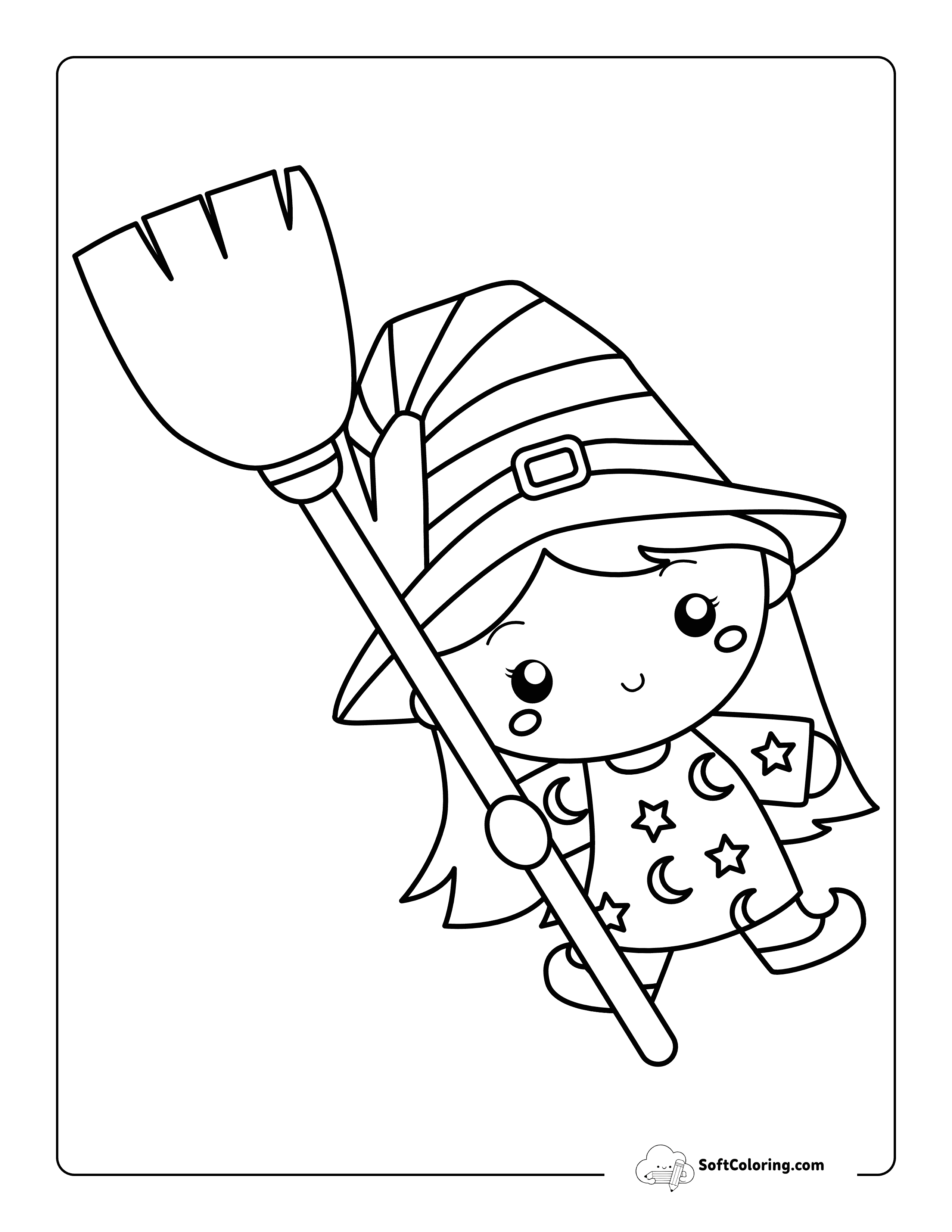 Easy Cute Witch In Pajamas - Witch Coloring Page