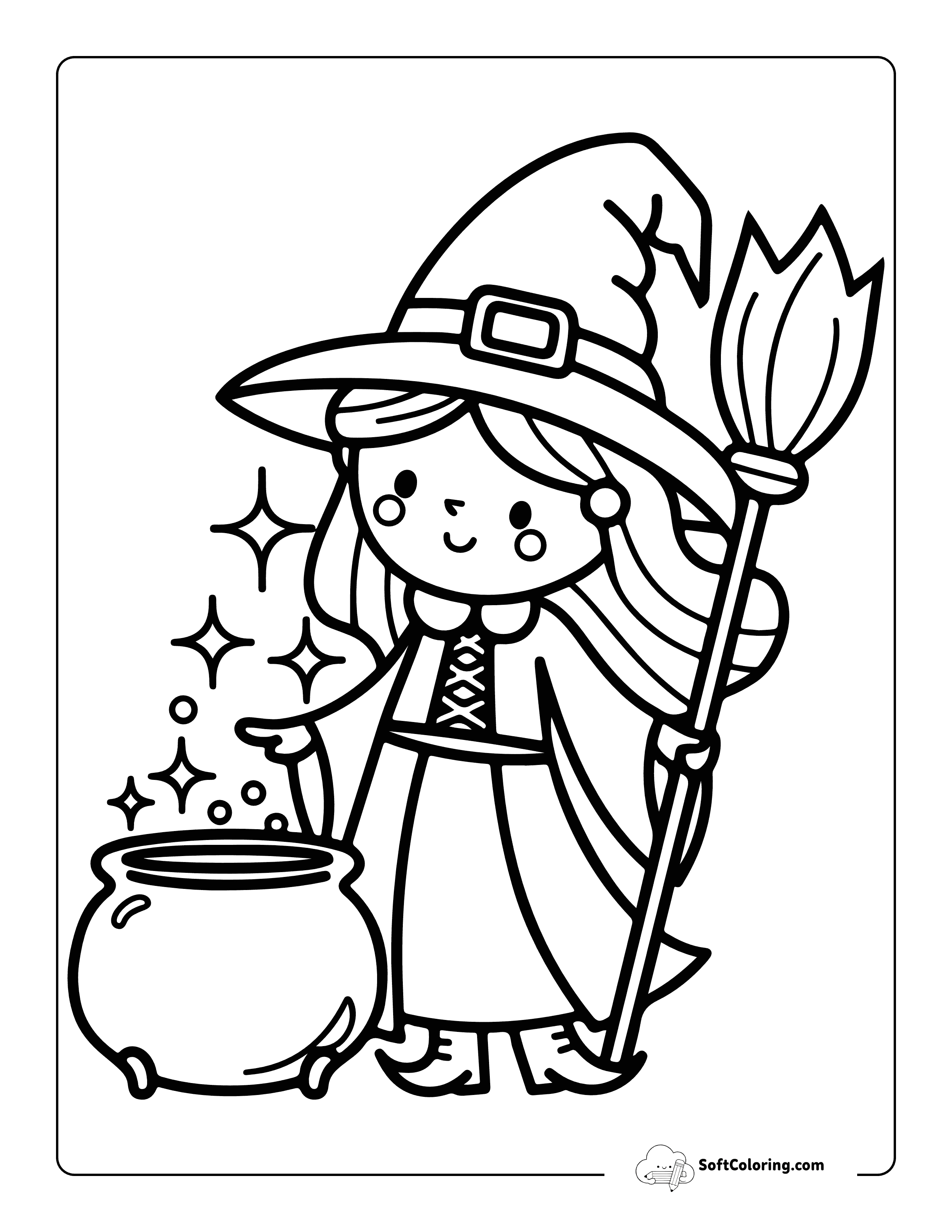 Cute Witch Making Potion With Cauldron - Easy Witch Coloring Page