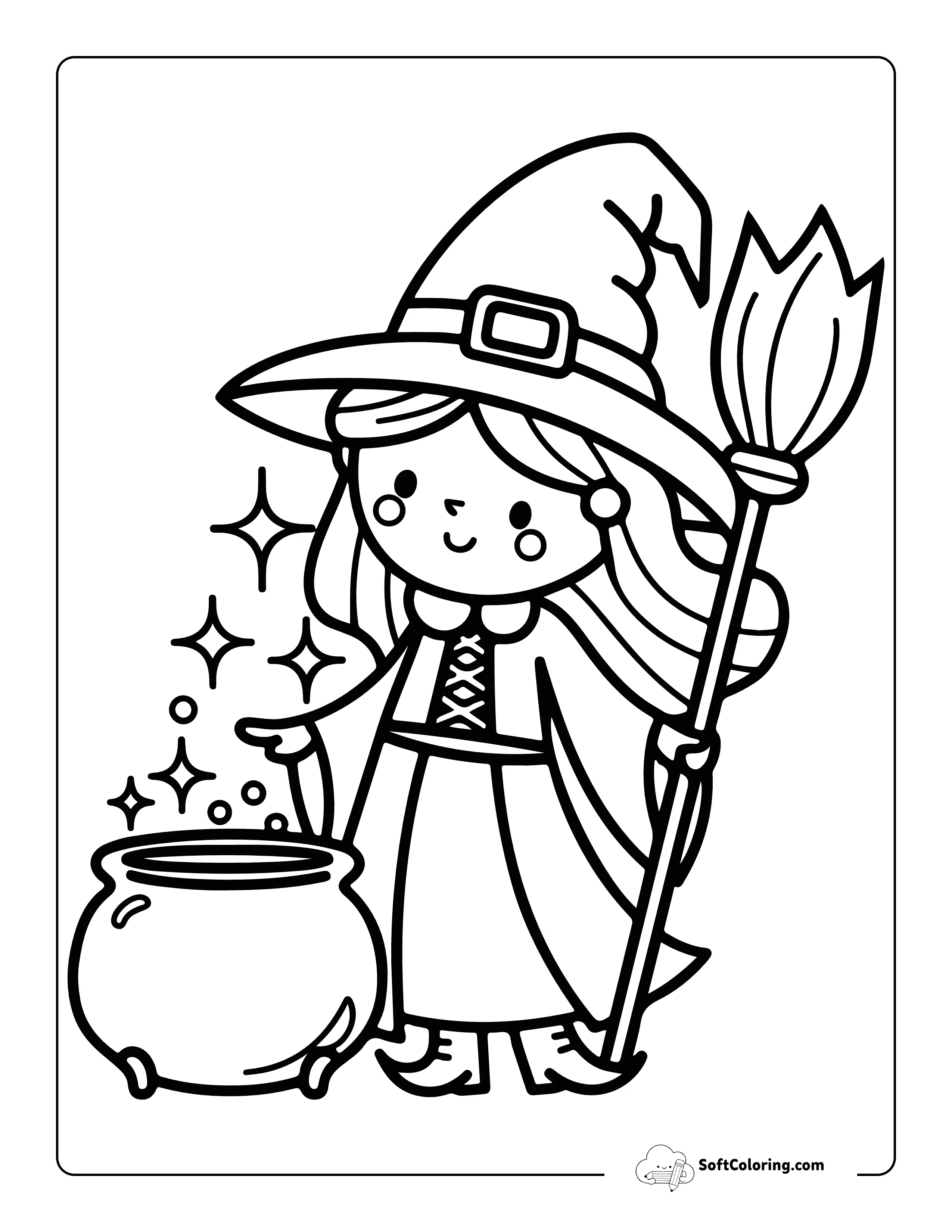 Cute Witch Making Potion With Cauldron - Easy Witch Coloring Page