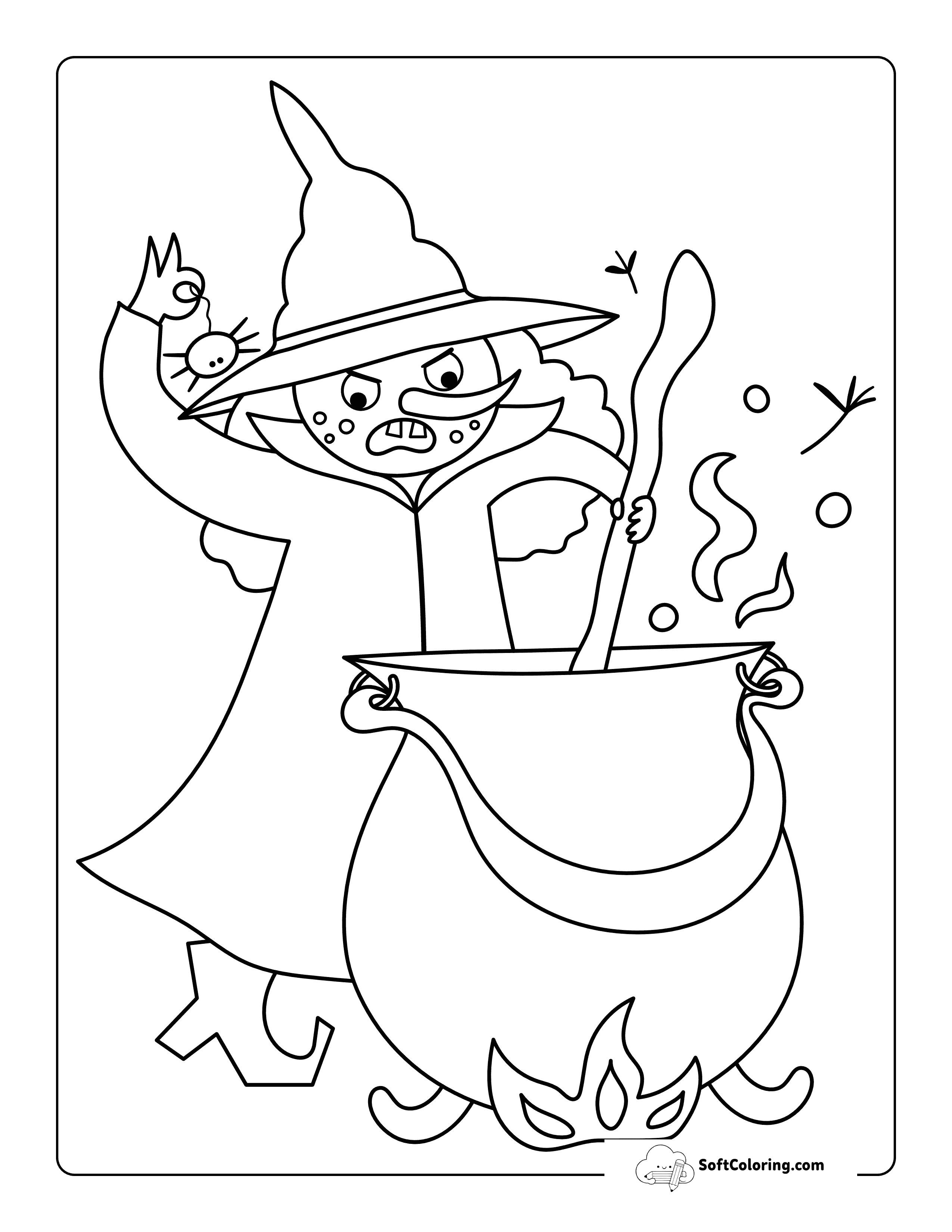 Easy Scary Witch Brewing Potion In Cauldron Coloring Page