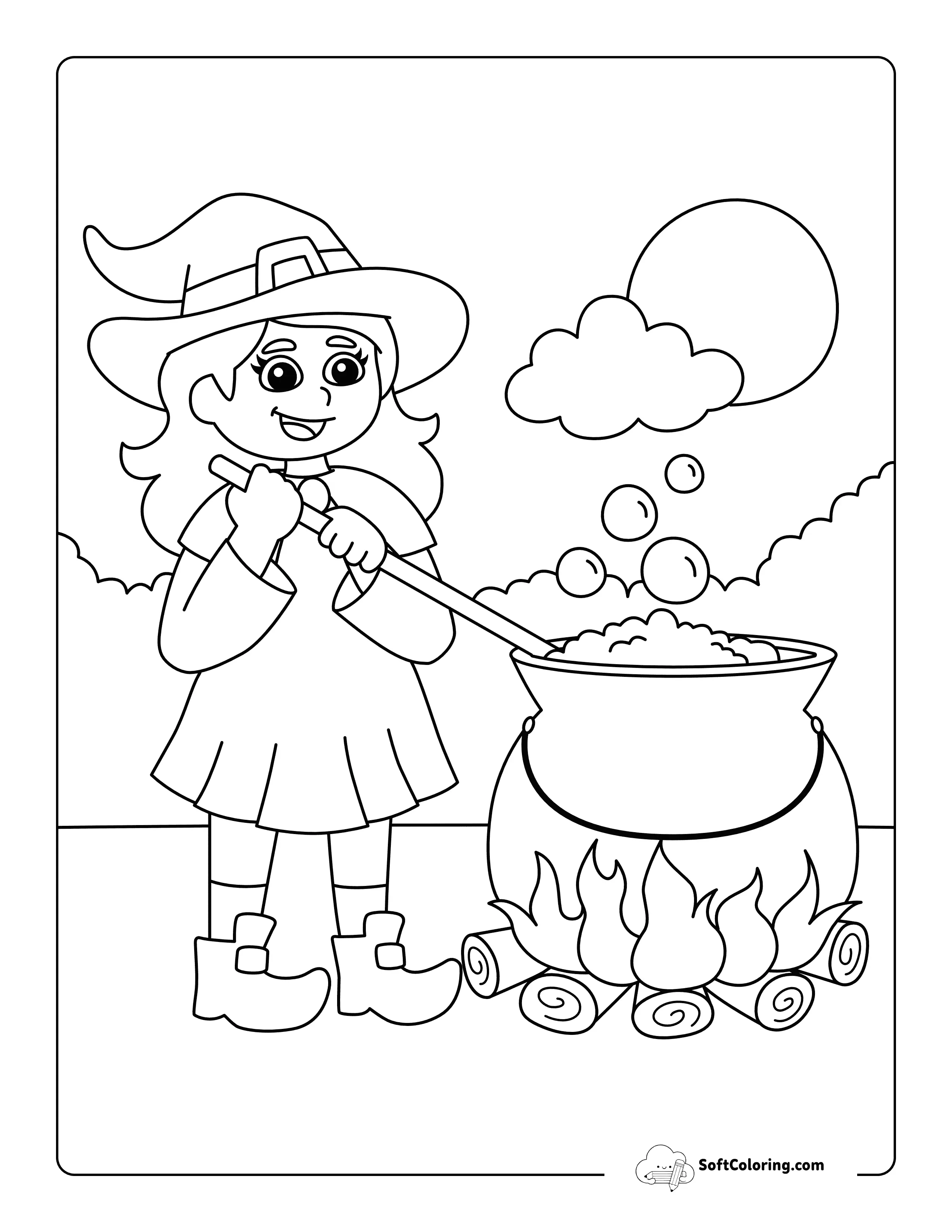 Easy Cute Witch Brewing Potion In Cauldron Coloring Sheet