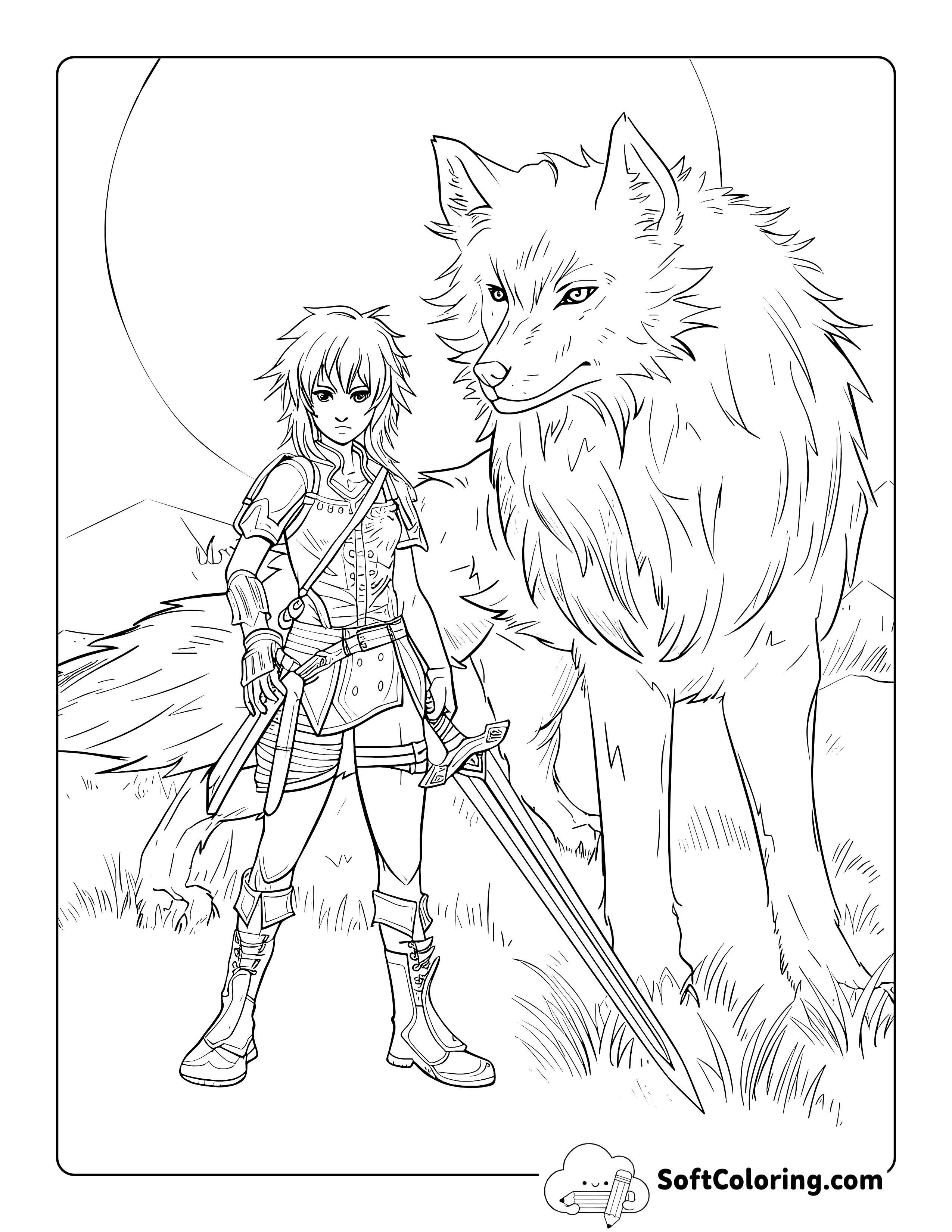Wolf Girl Anime Warrior Coloring Sheet