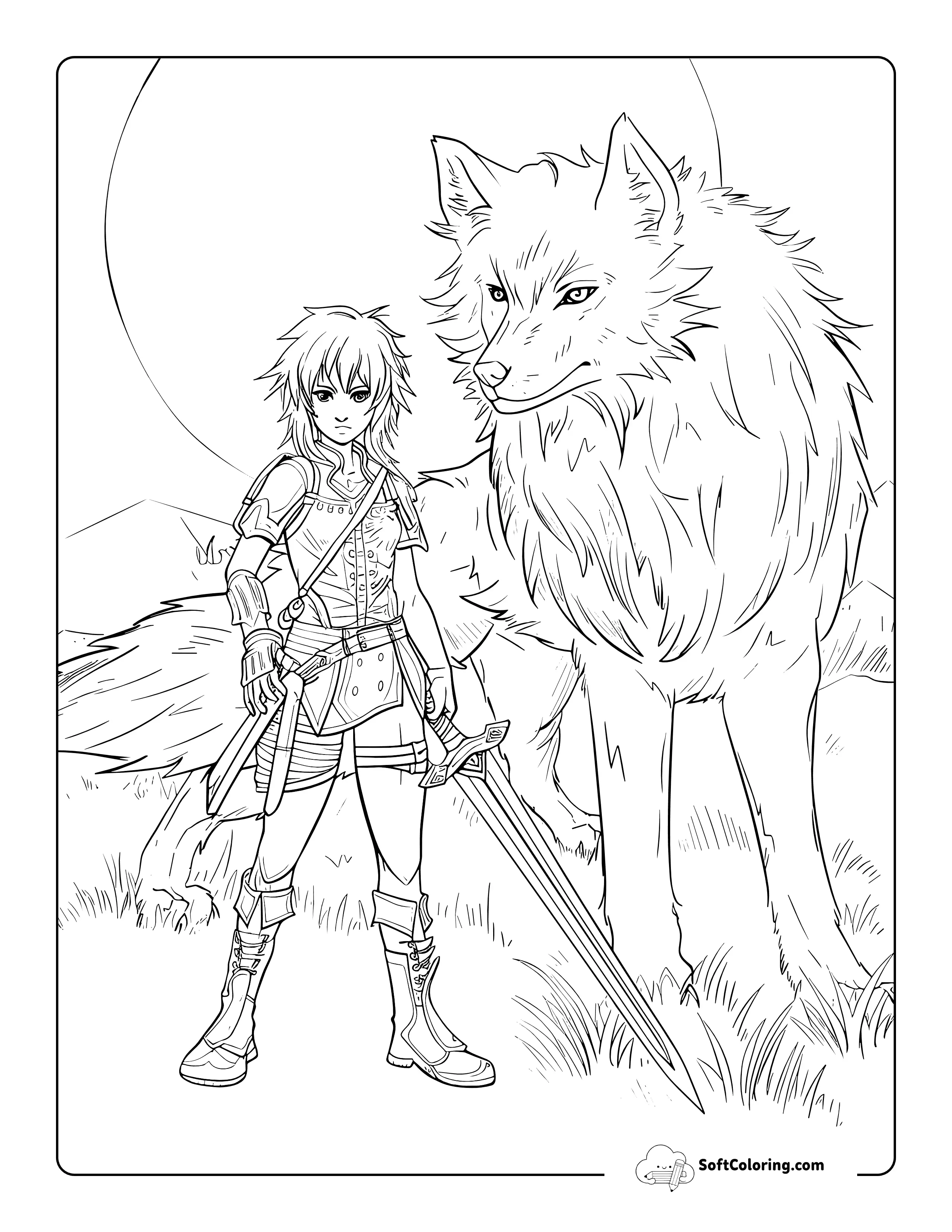 Wolf Girl Anime Warrior Coloring Sheet