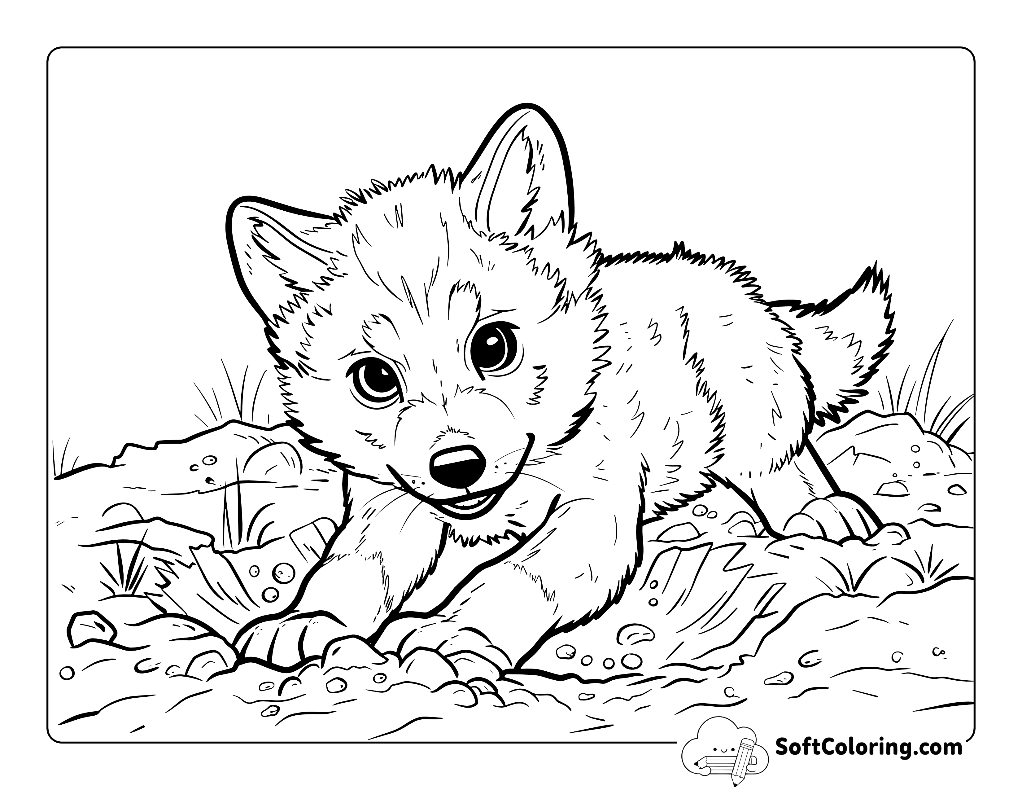 Realistic Cute Baby Wolf Coloring Page
