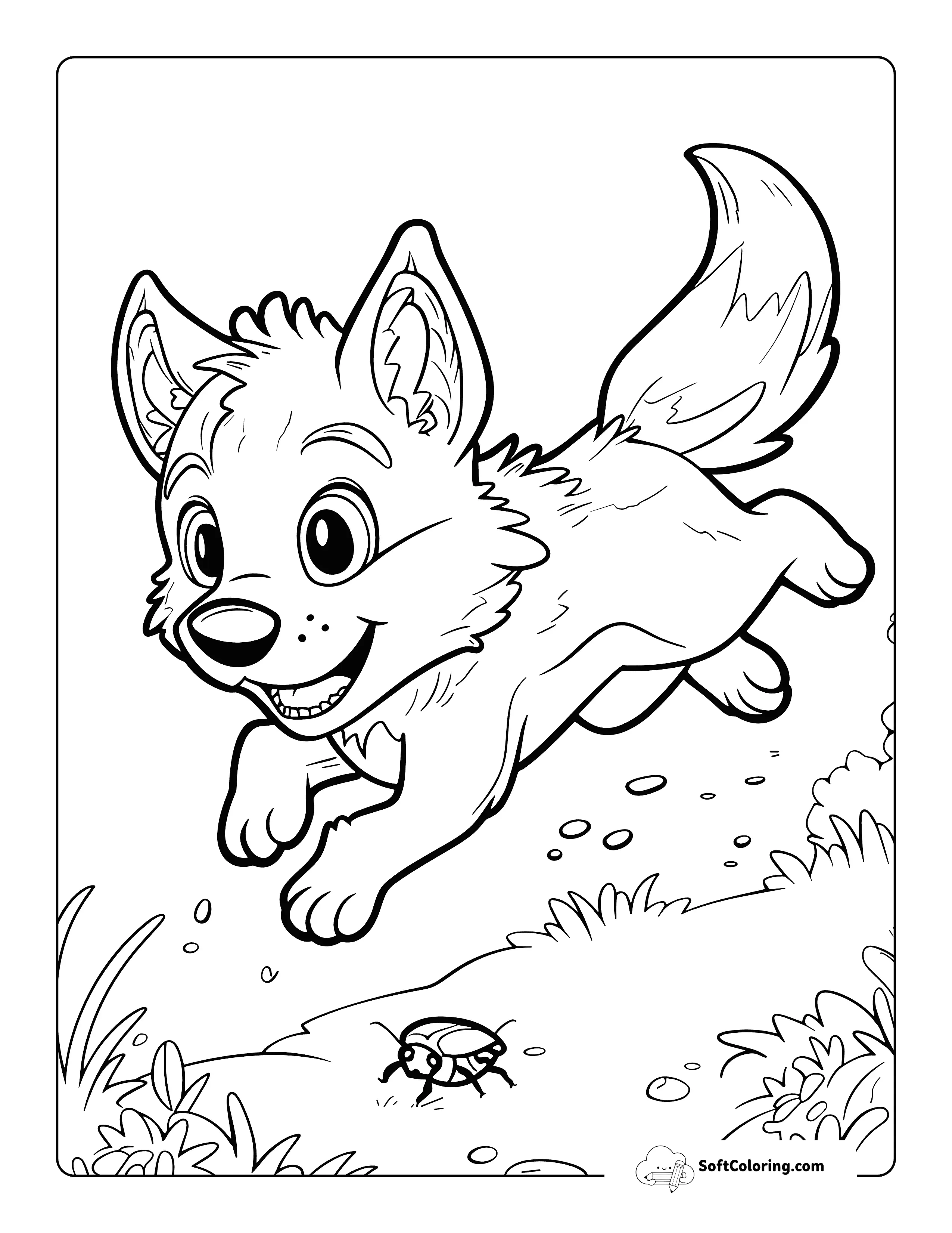 Bug Chasing Baby Wolf Coloring Page