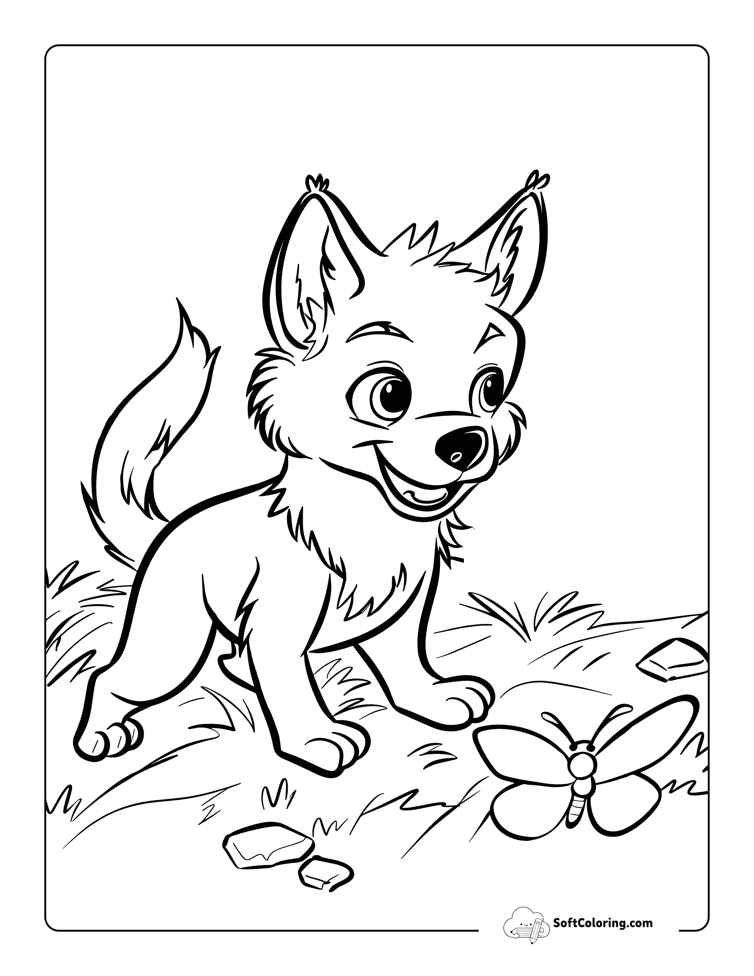 Butterfly And Easy Printable Wolf Coloring Page
