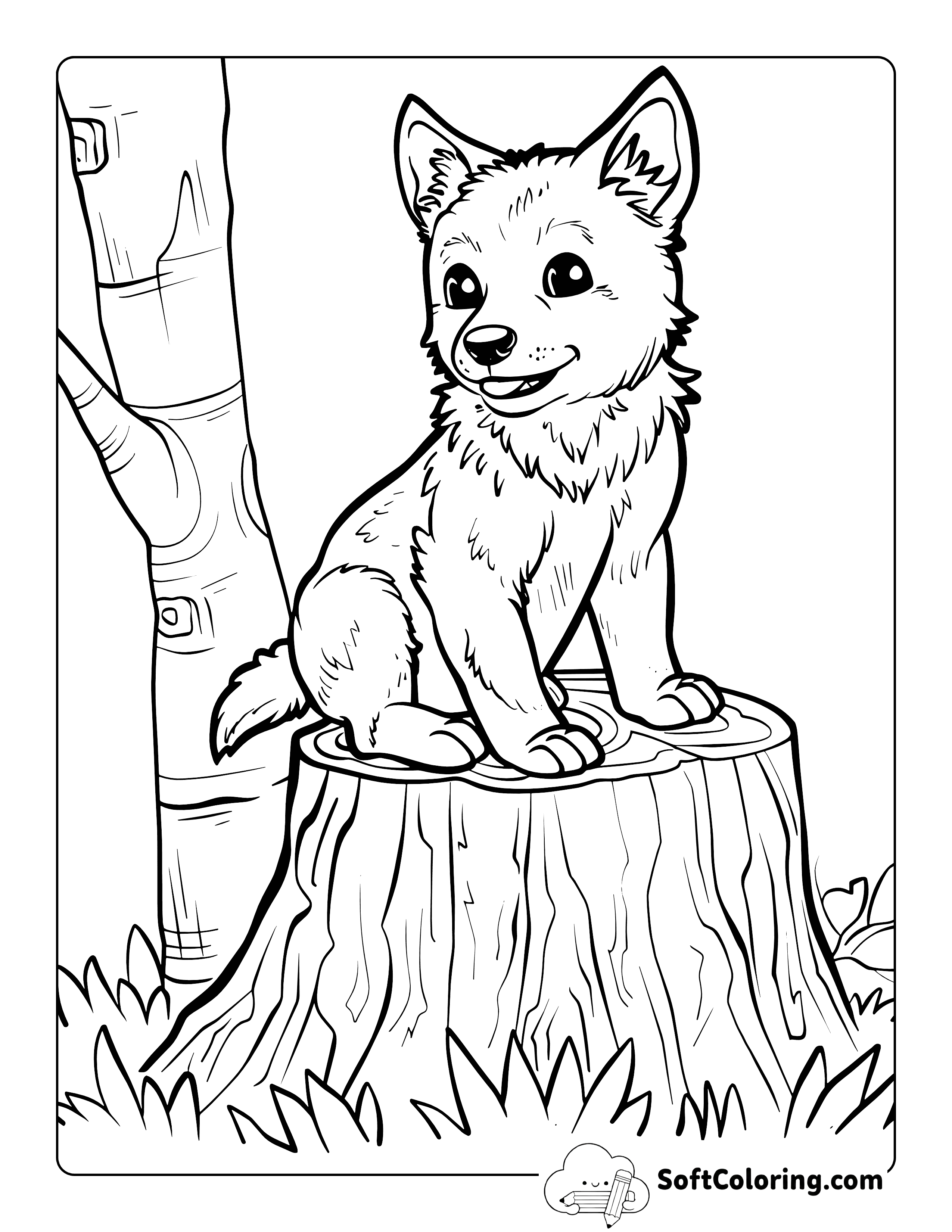 Wolf Pup Sitting on Stump Coloring Page