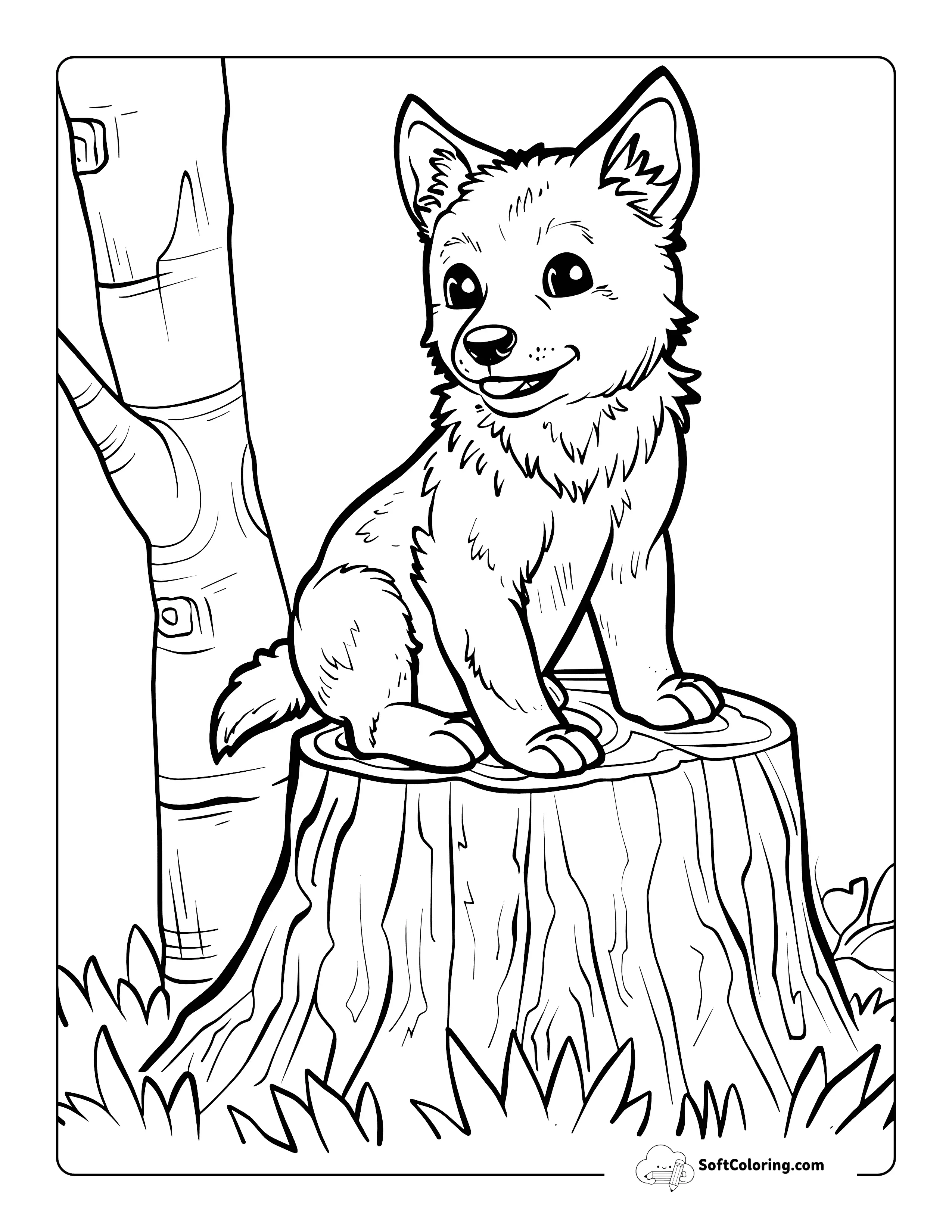 Wolf Pup Sitting On Stump Coloring Page