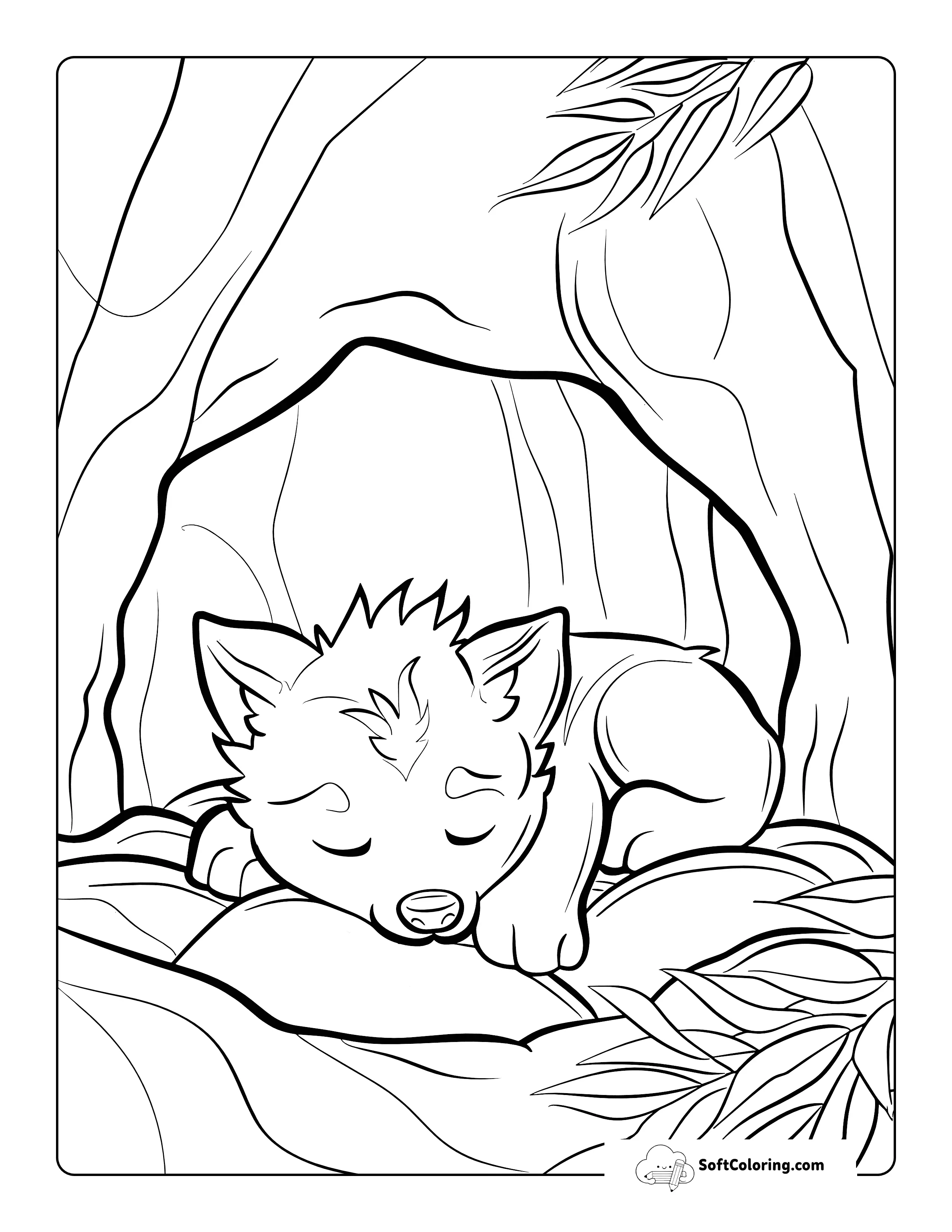 Kawaii Sleeping Wolf Cub Coloring Page For Kids