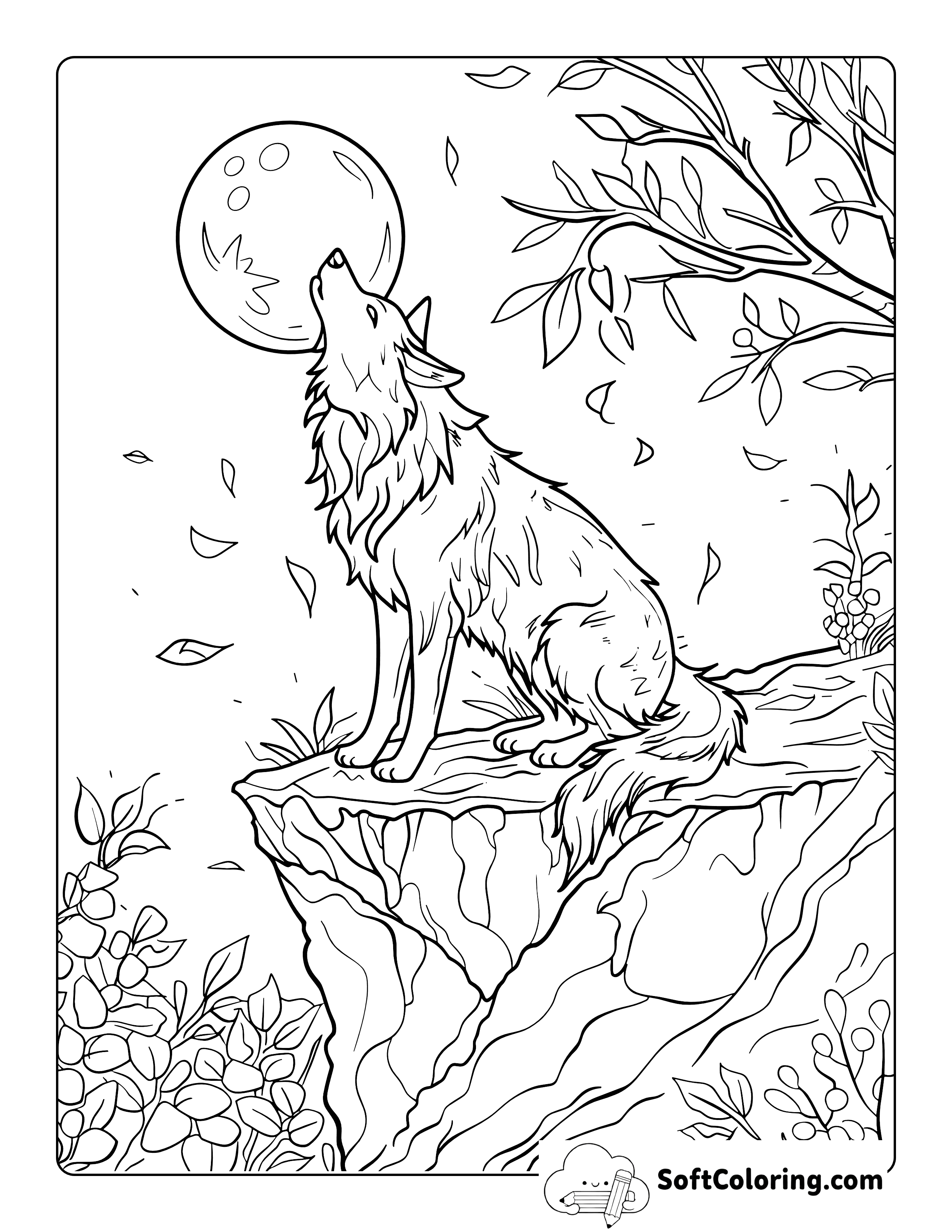Easy Wolf in Moonlight Coloring Sheet for Adults