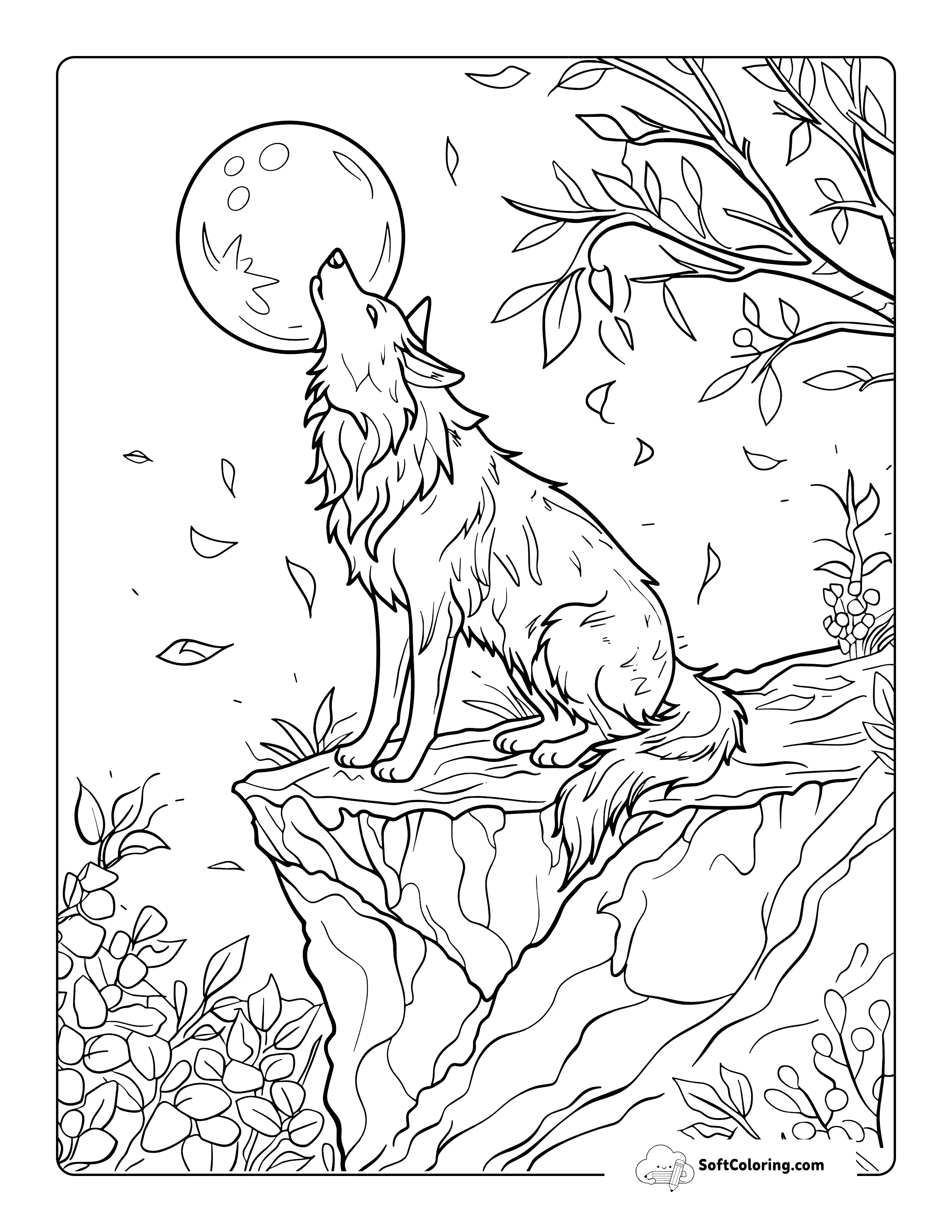 Easy Wolf In Moonlight Coloring Sheet For Adults