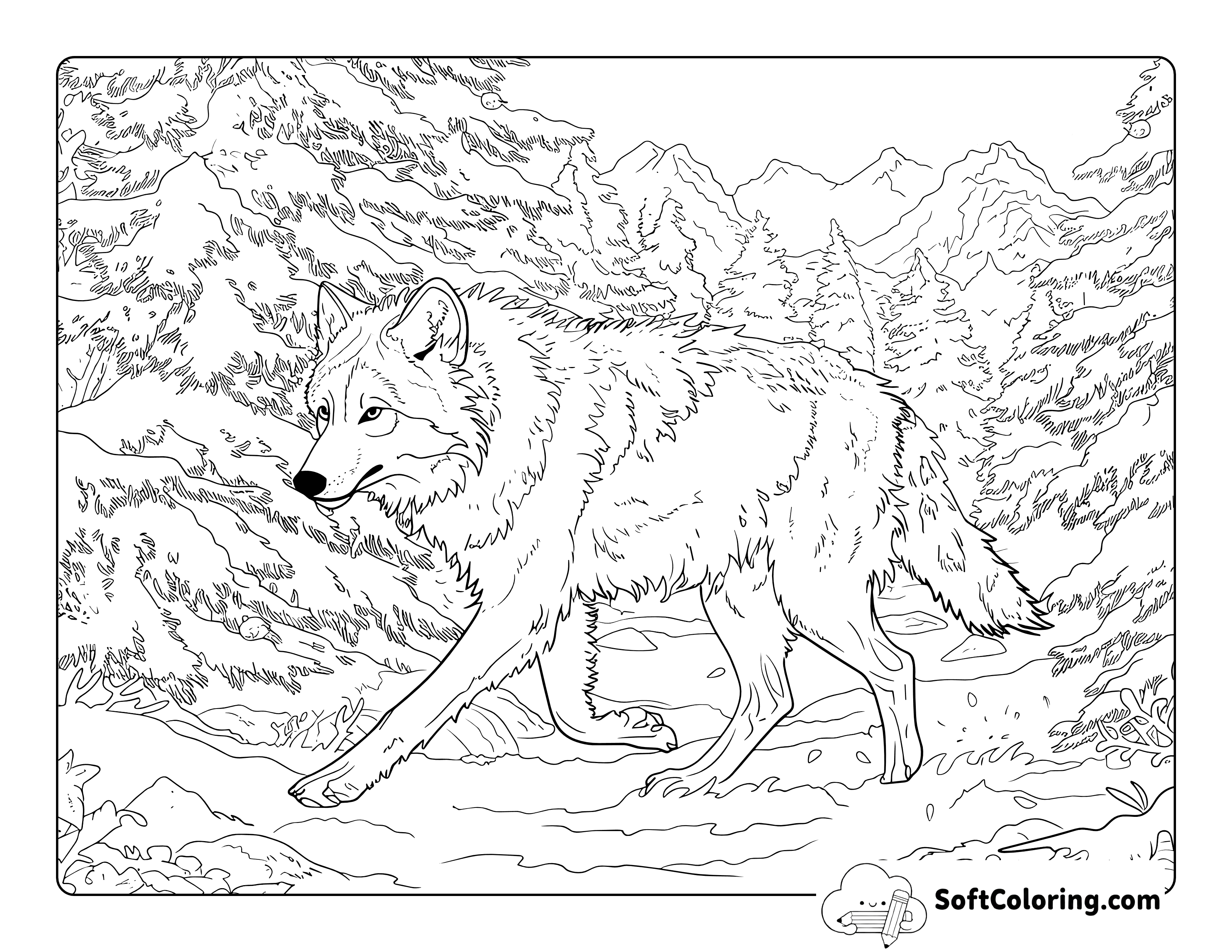 Detailed Snowy Wolf Coloring Page for Adults