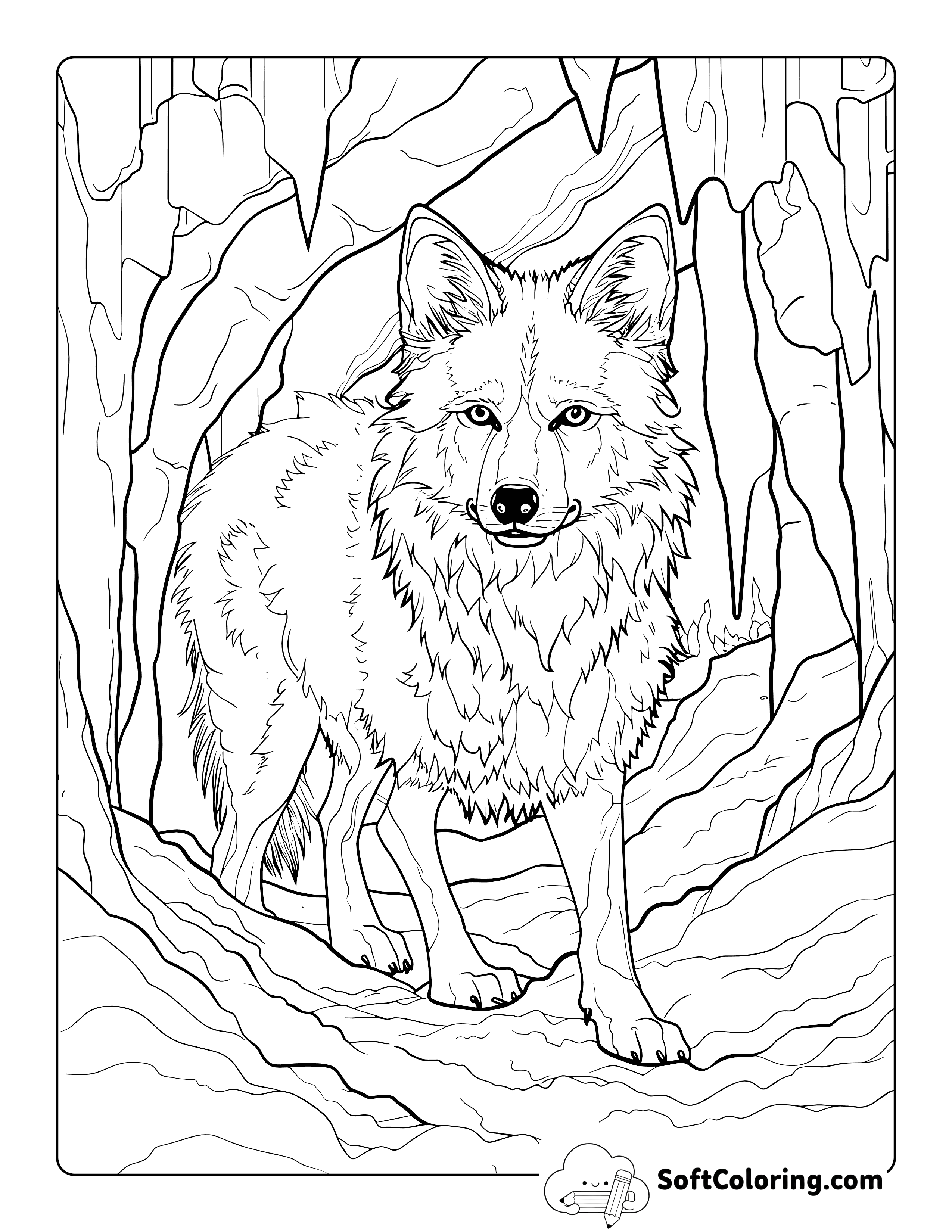 Detailed Cave Wolf Coloring Page for Adults
