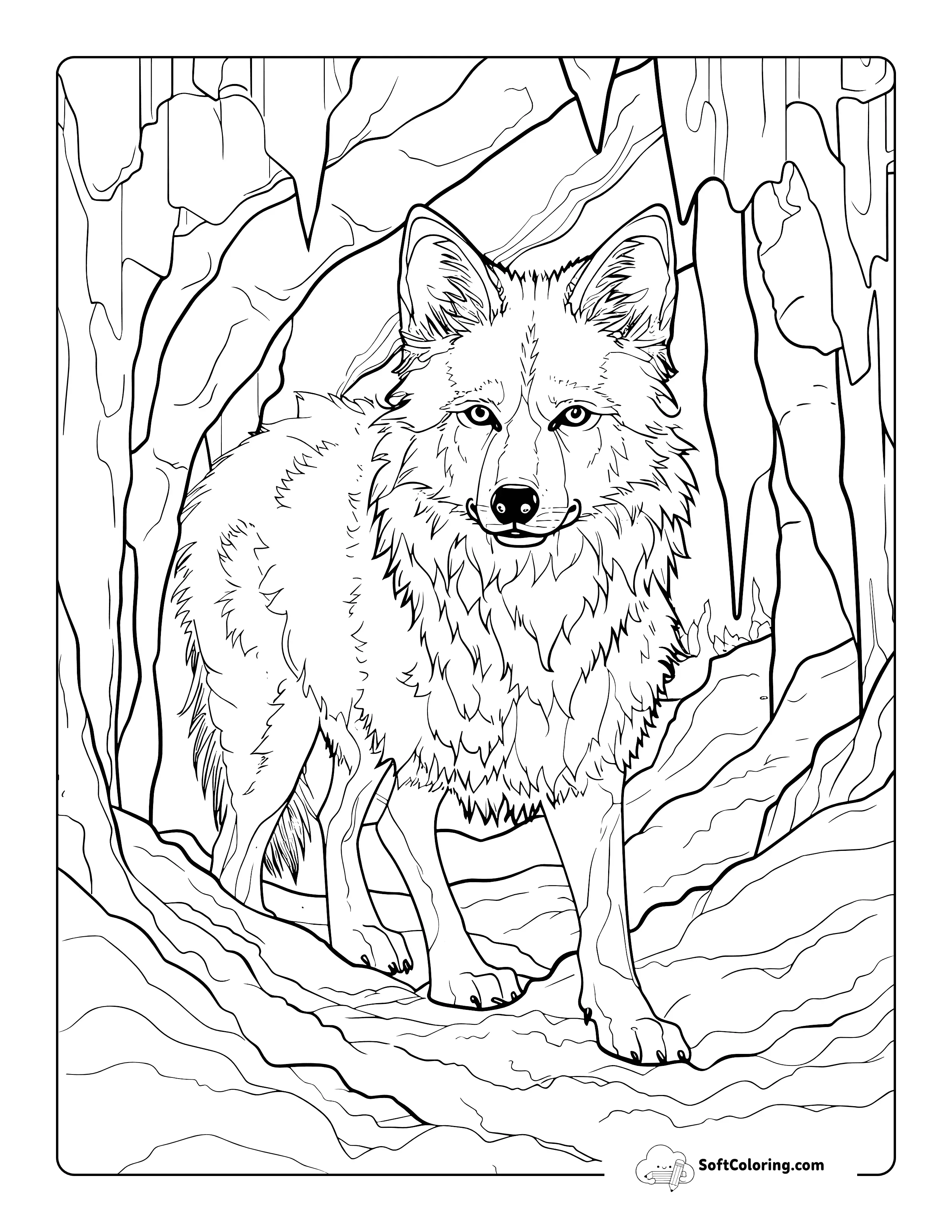Detailed Cave Wolf Coloring Page For Adults
