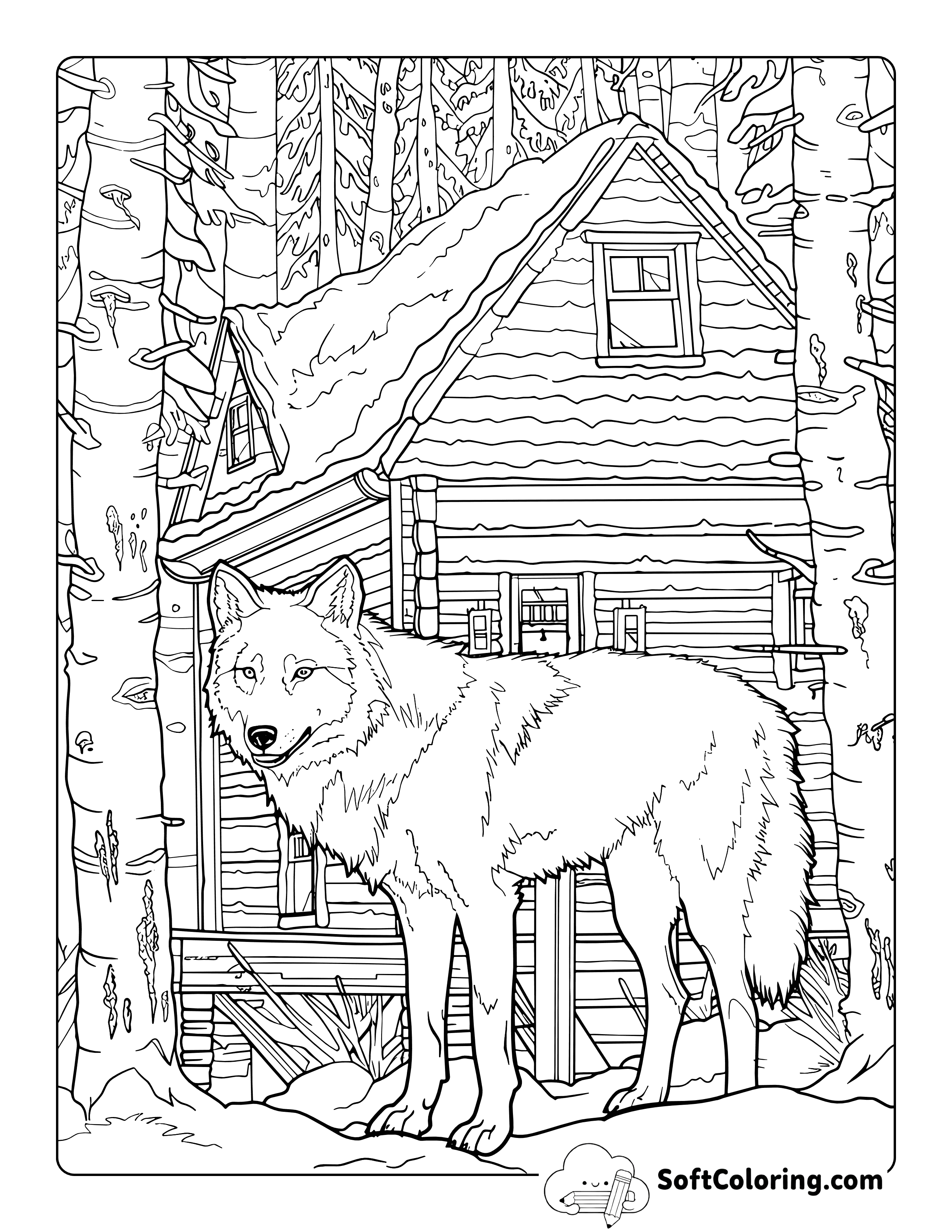 Detailed Wolf at Winter Cabin Coloring Sheet for Adults