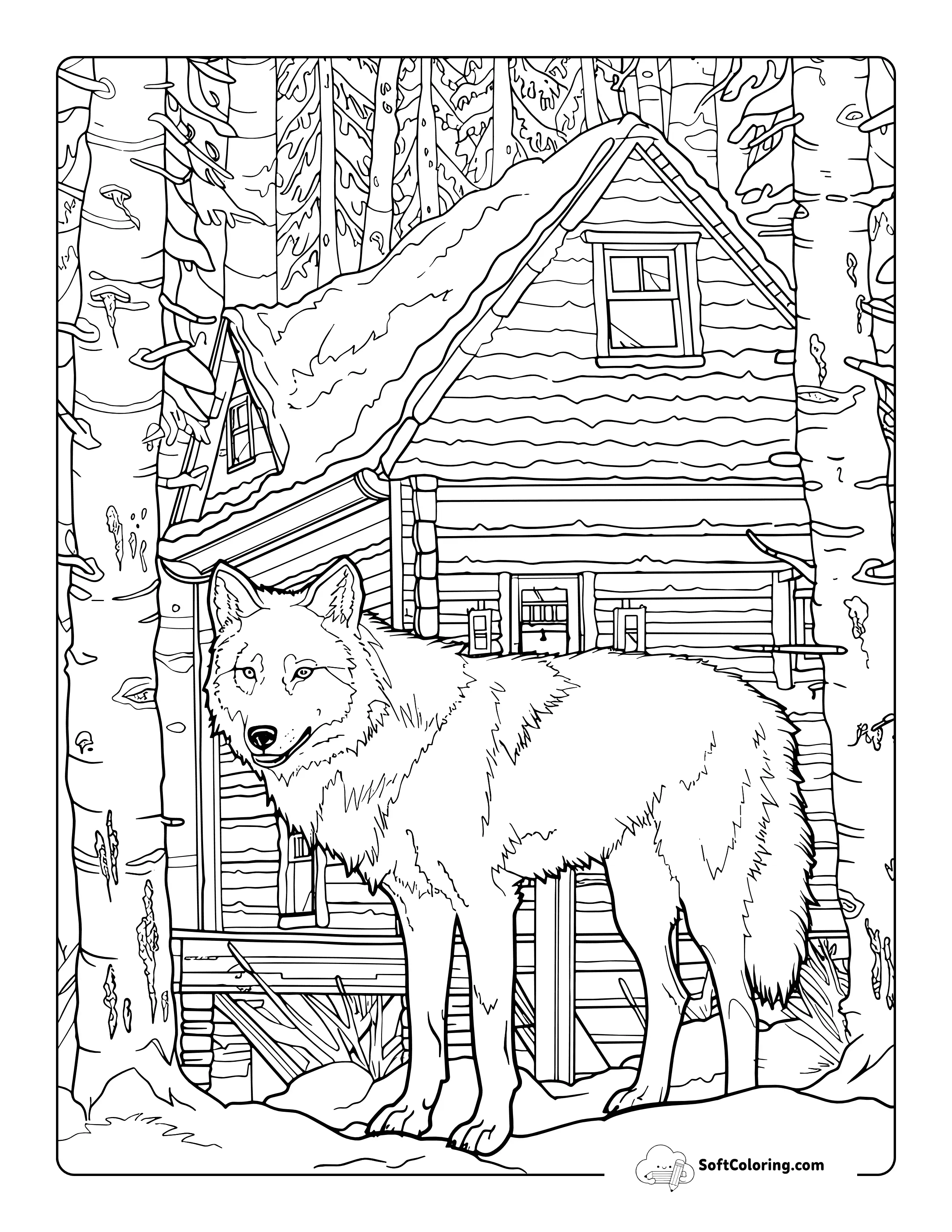 Detailed Wolf At Winter Cabin Coloring Sheet For Adults