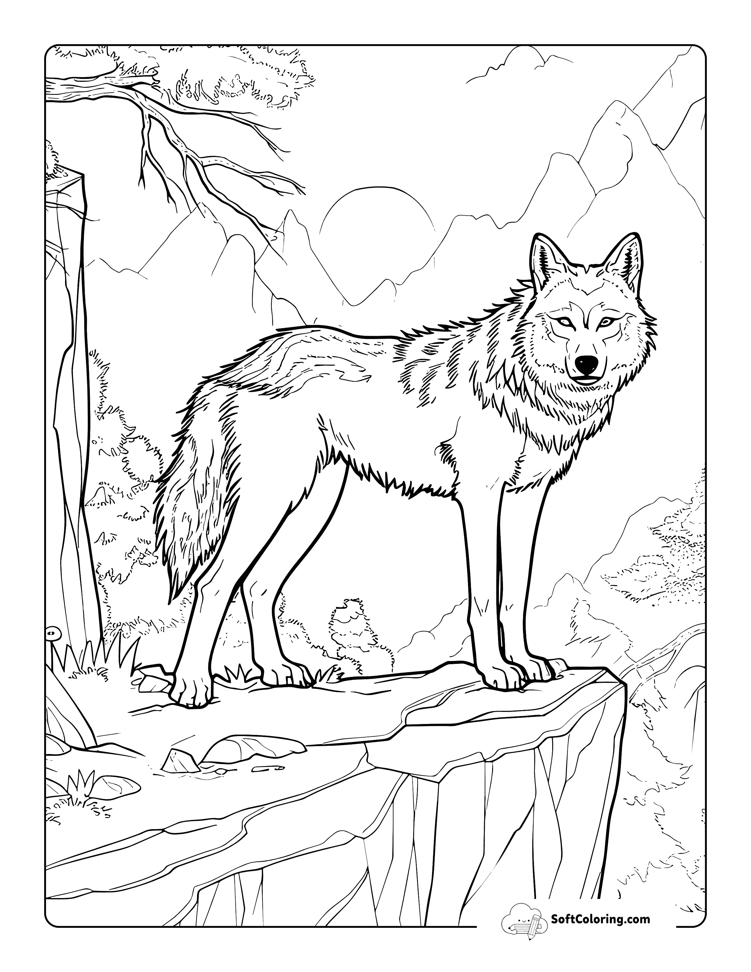Realistic Wolf On Cliff Printable Coloring Sheet