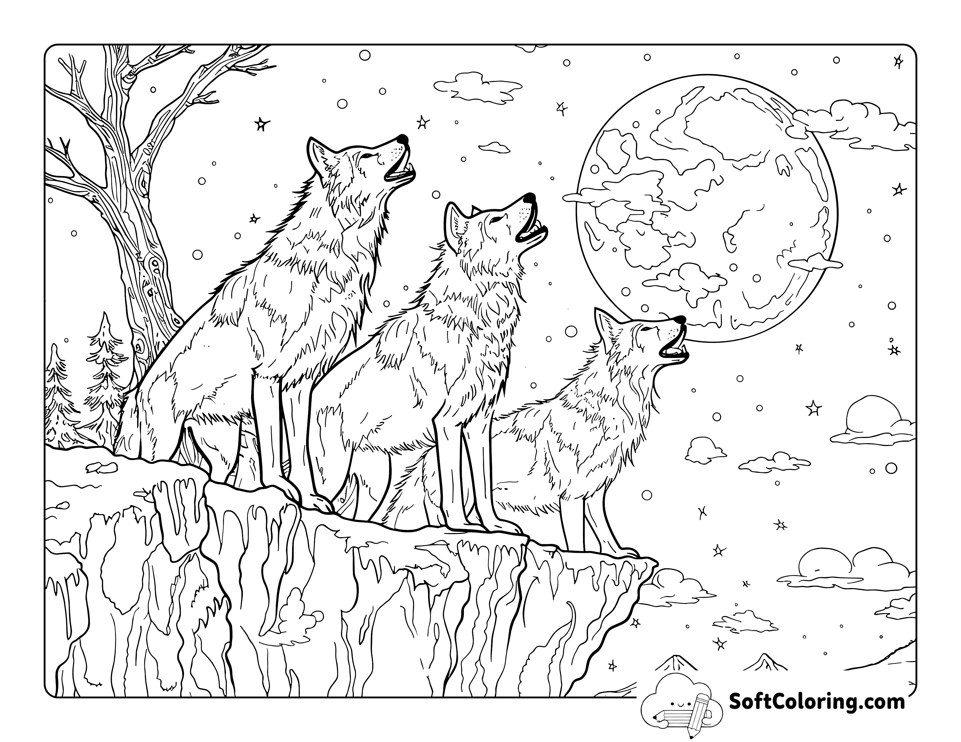 Realistic Wolves Howling at Moon Detailed Printable to Color