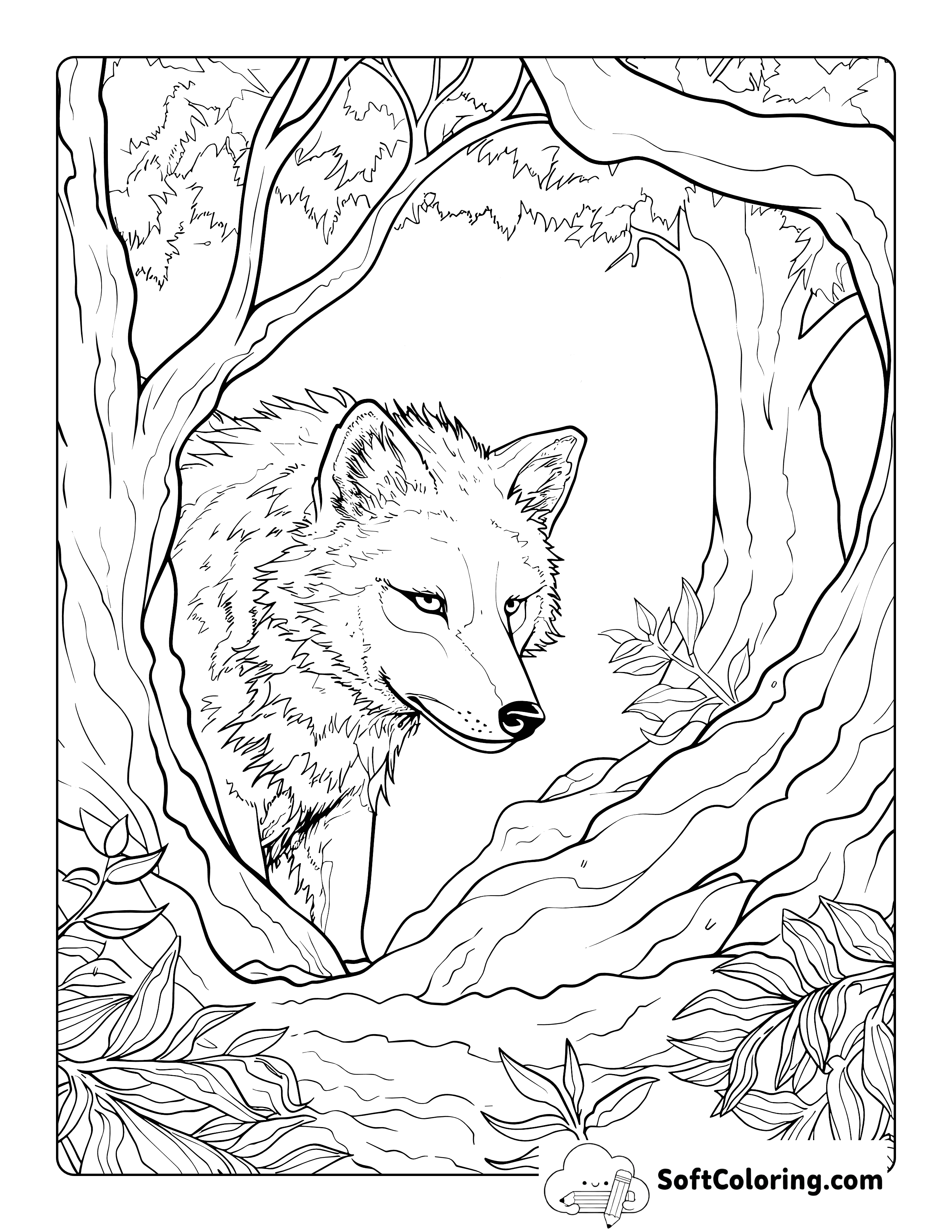 Realistic Wolf in Forest Coloring Sheet