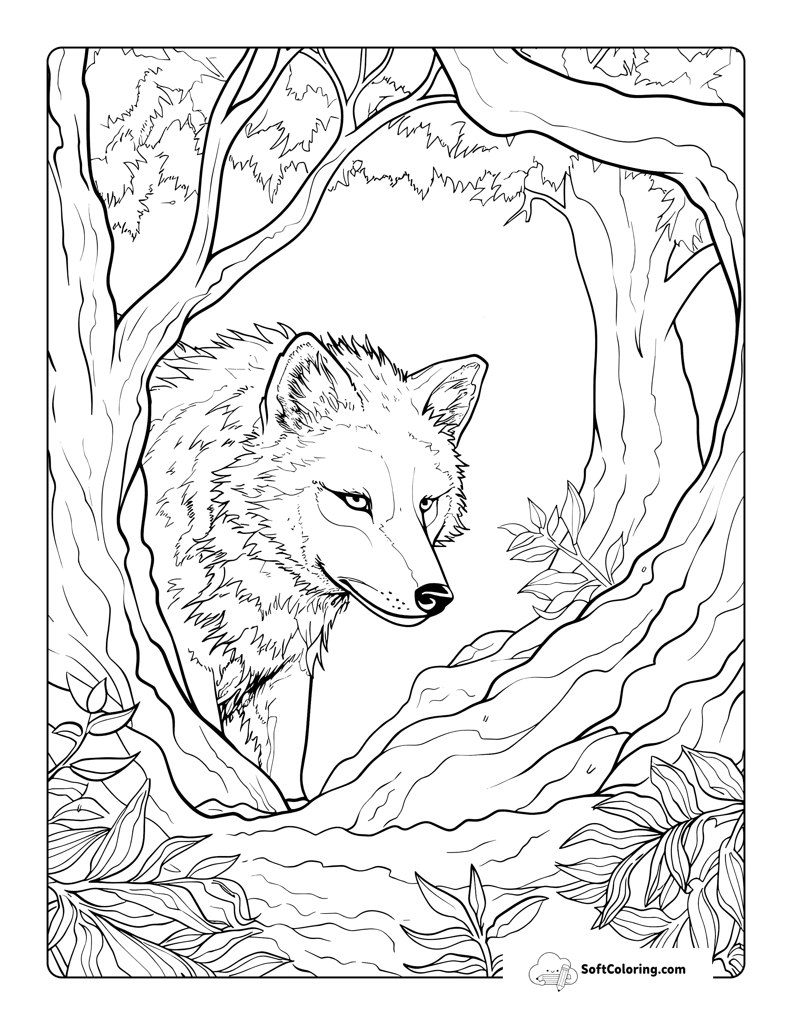 Realistic Wolf In Forest Coloring Sheet
