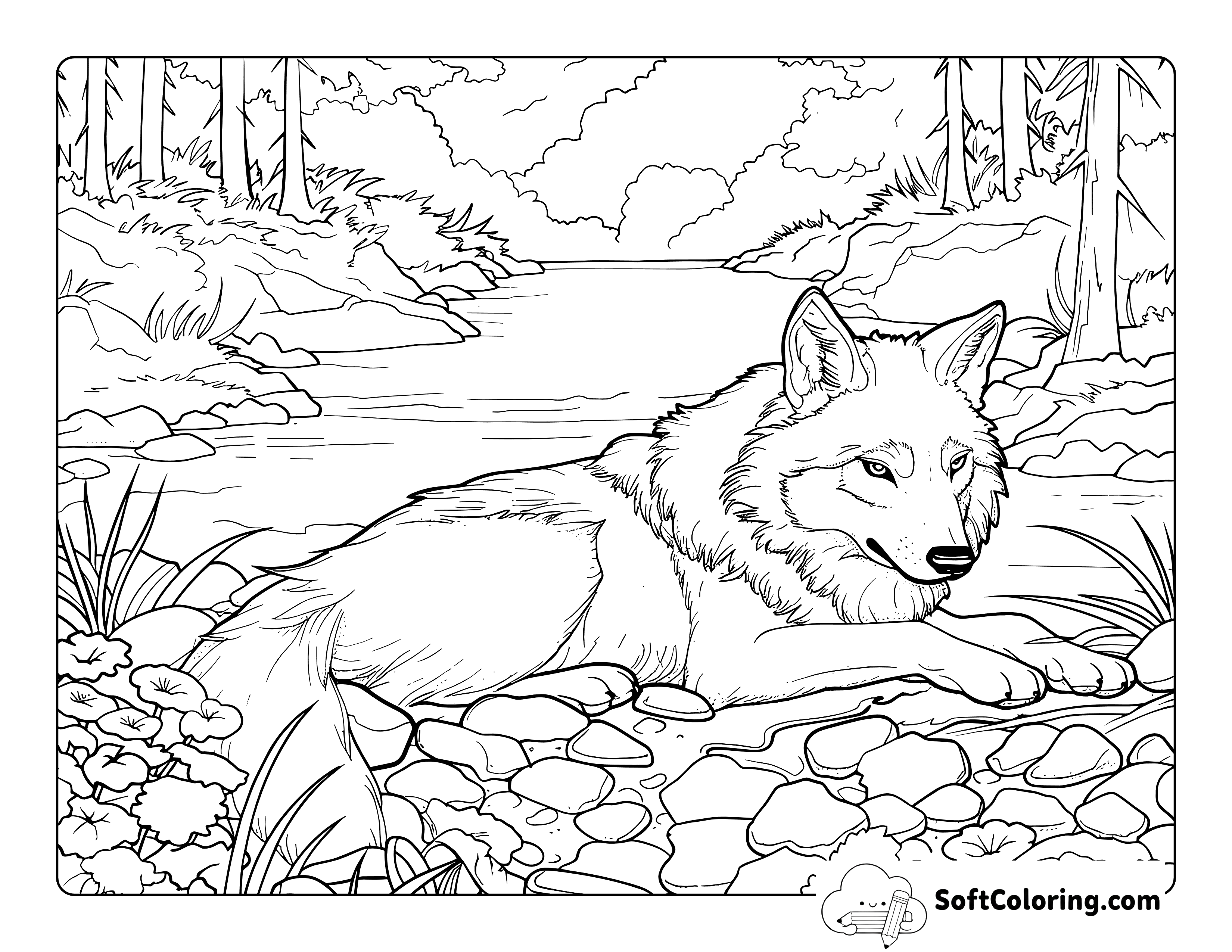 Printable Wolf by Stream Landscape Coloring Page for Adults