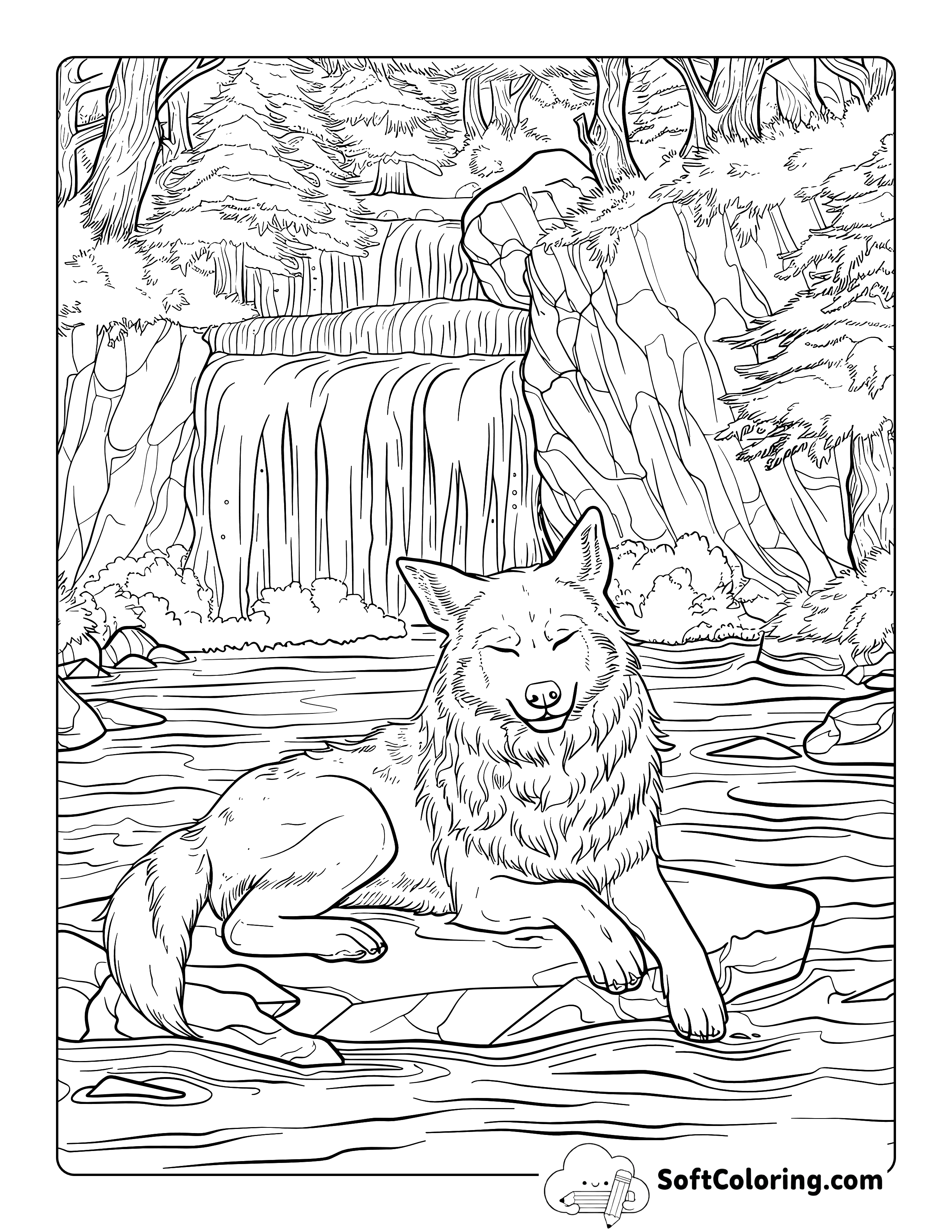 Cute Realistic Smiling Wolf Adult Coloring Page