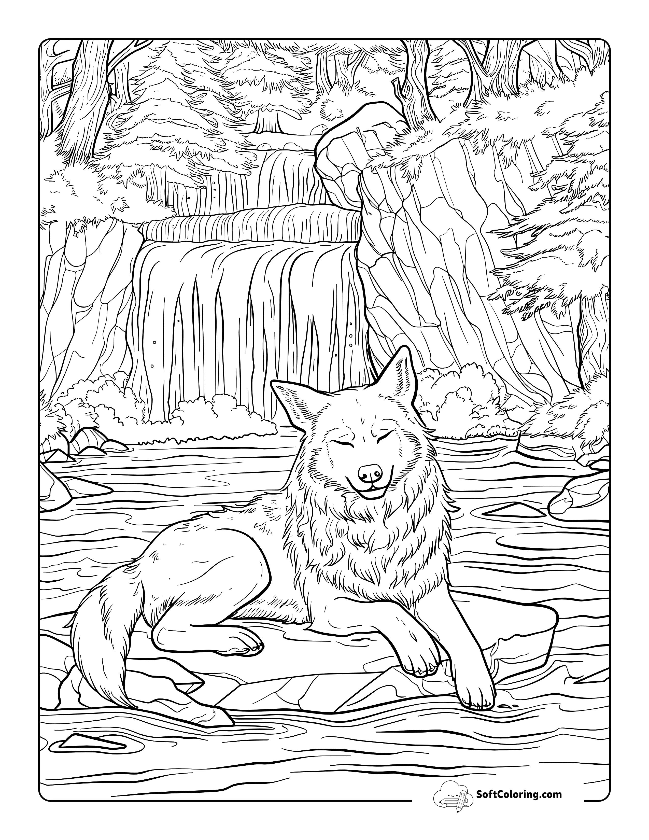 Cute Realistic Smiling Wolf Adult Coloring Page