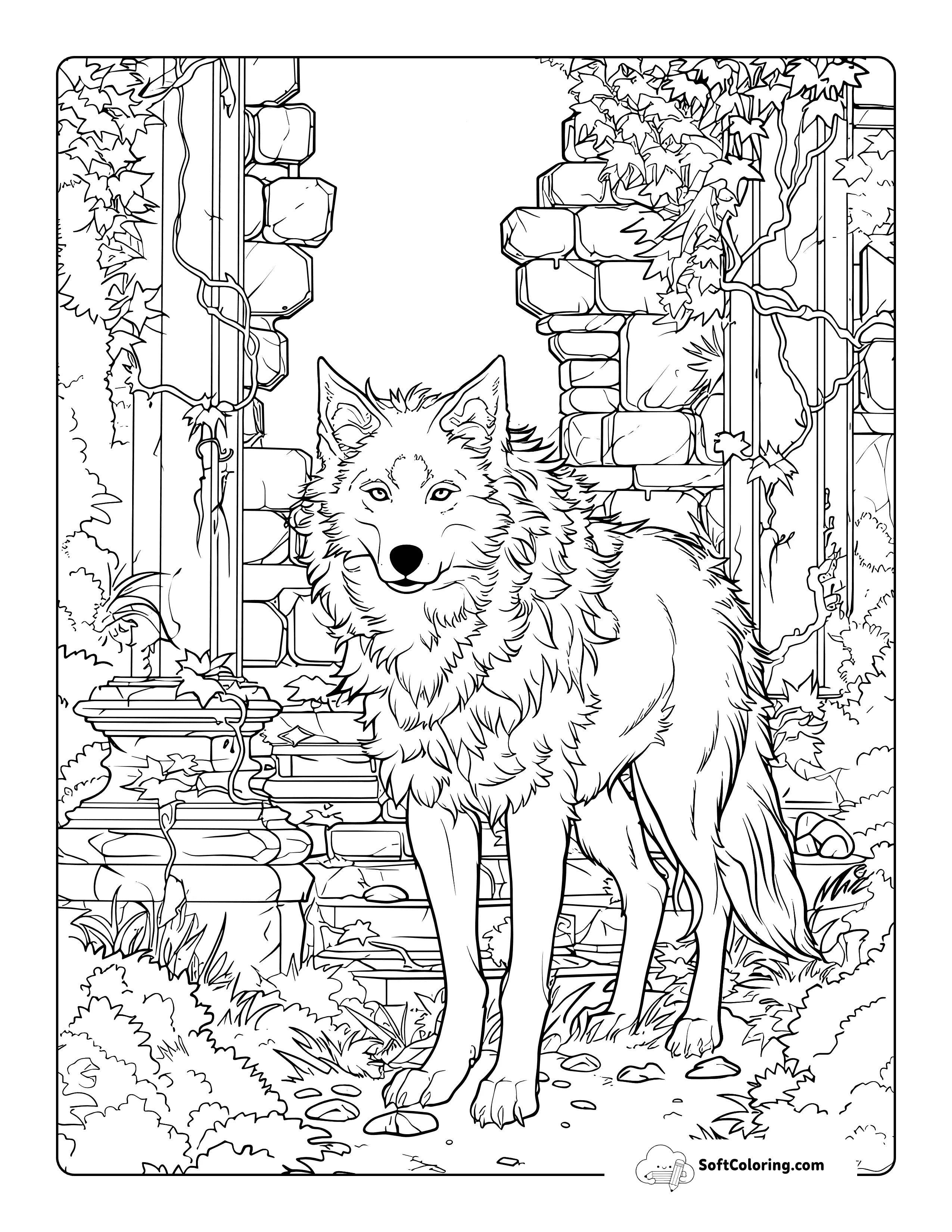 Castle Ruins Realistic Wolf Coloring Page Printable