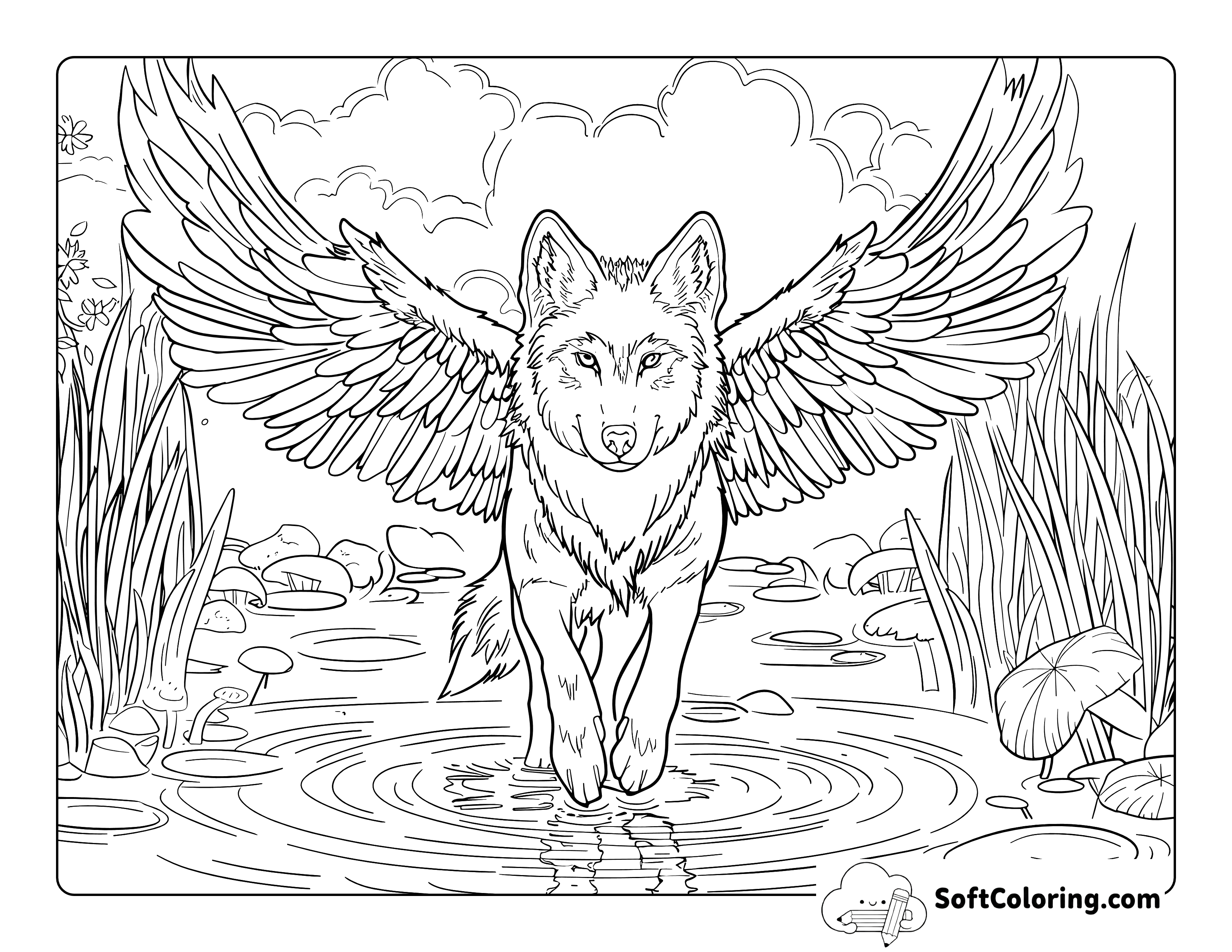 Realistic Mythical Wolf With Wings Coloring Page