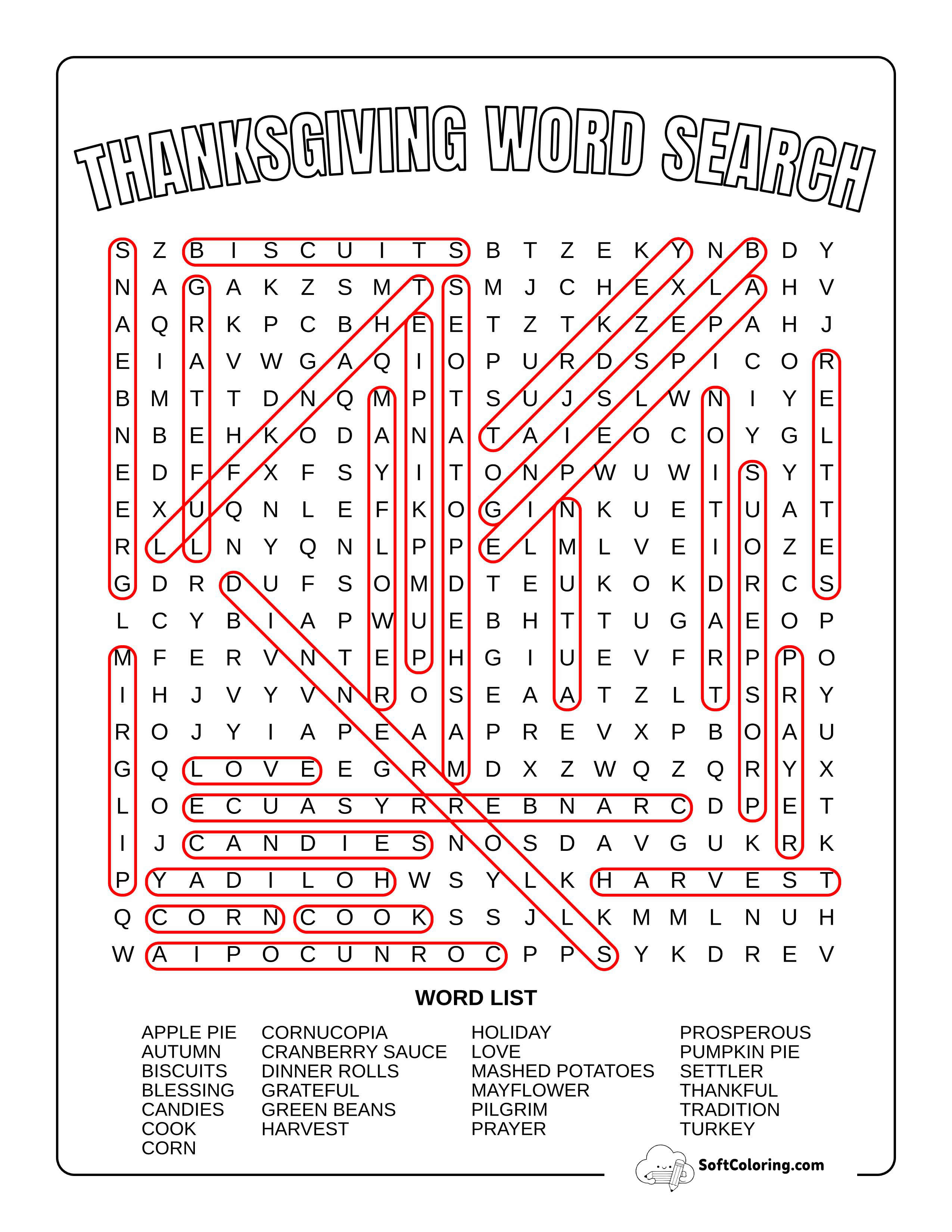 Thanksgiving Word Search Puzzle With Answer Key