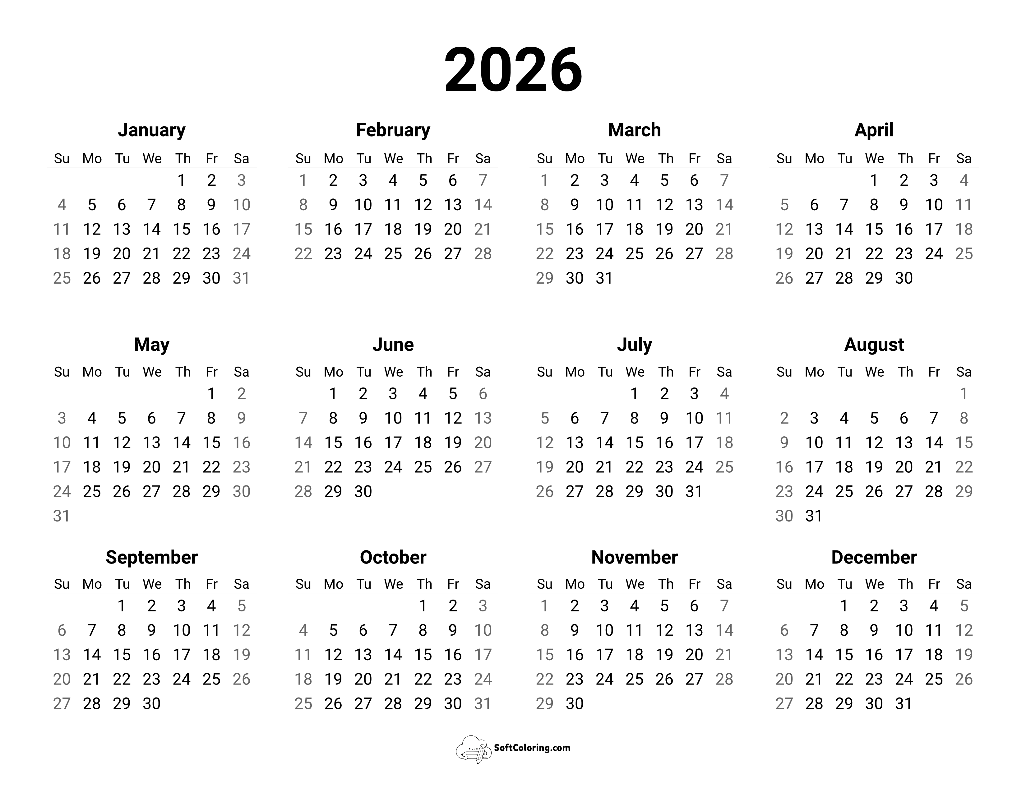 2026 Printable Calendar Landscape