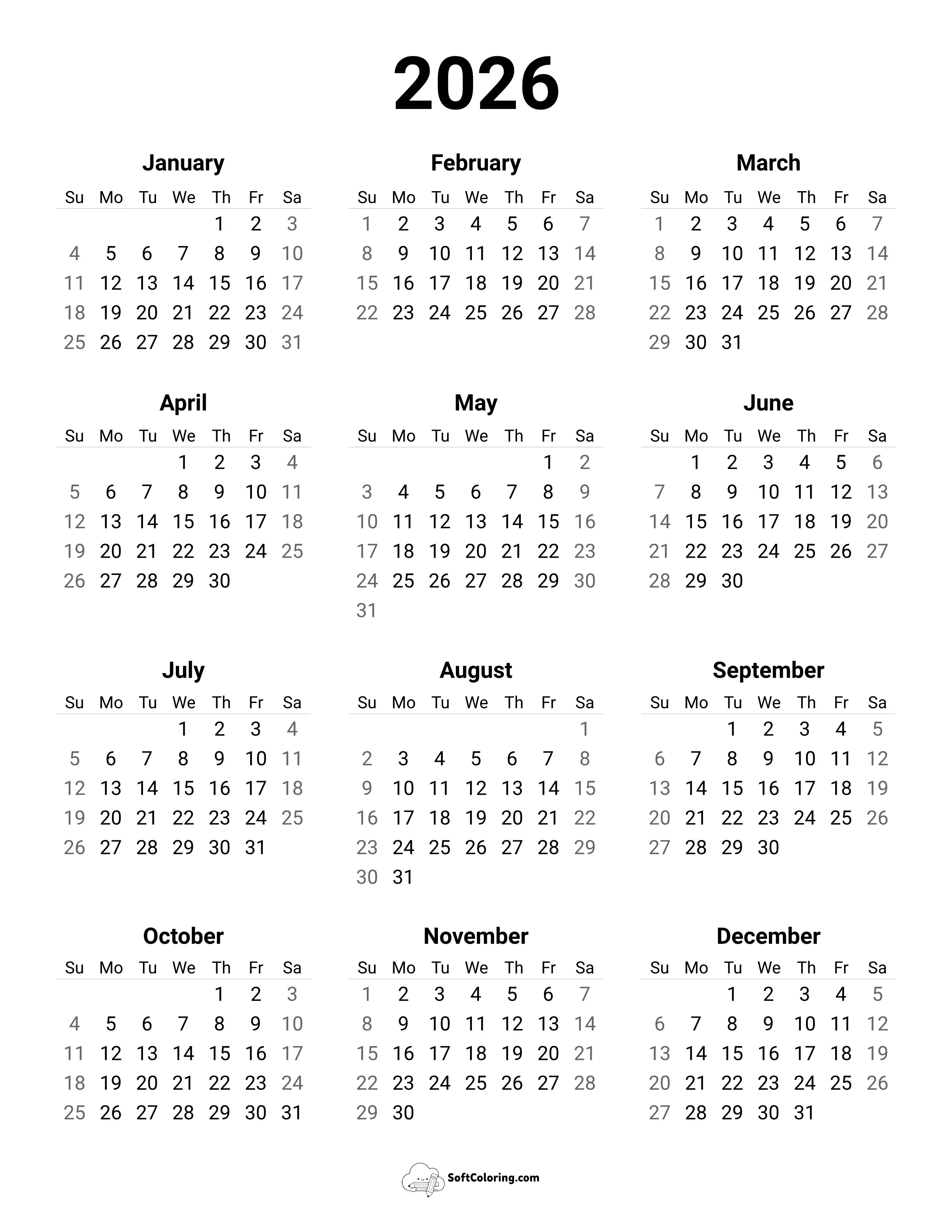 2026 Printable Simple Year Calendar
