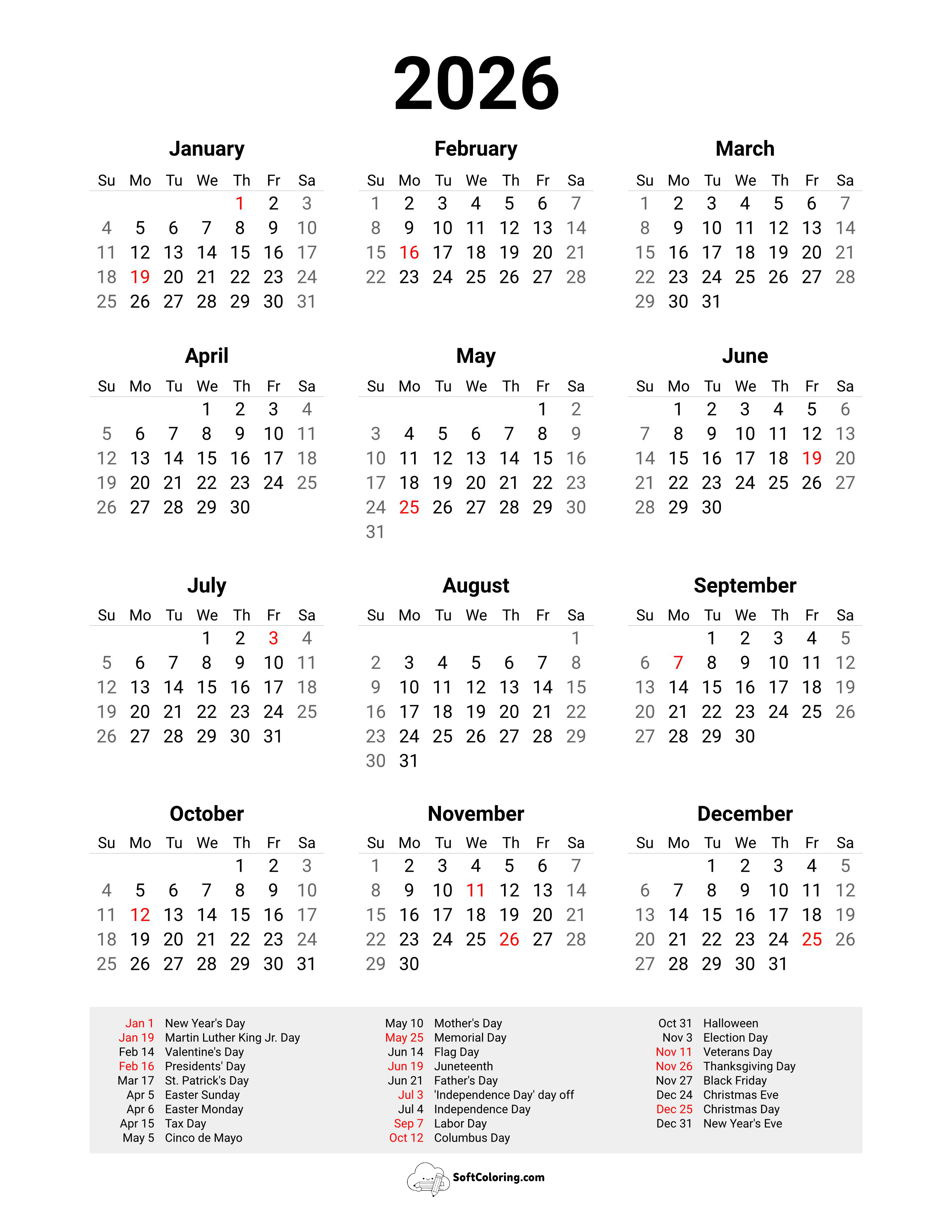 2026 Printable Calendar With Holidays