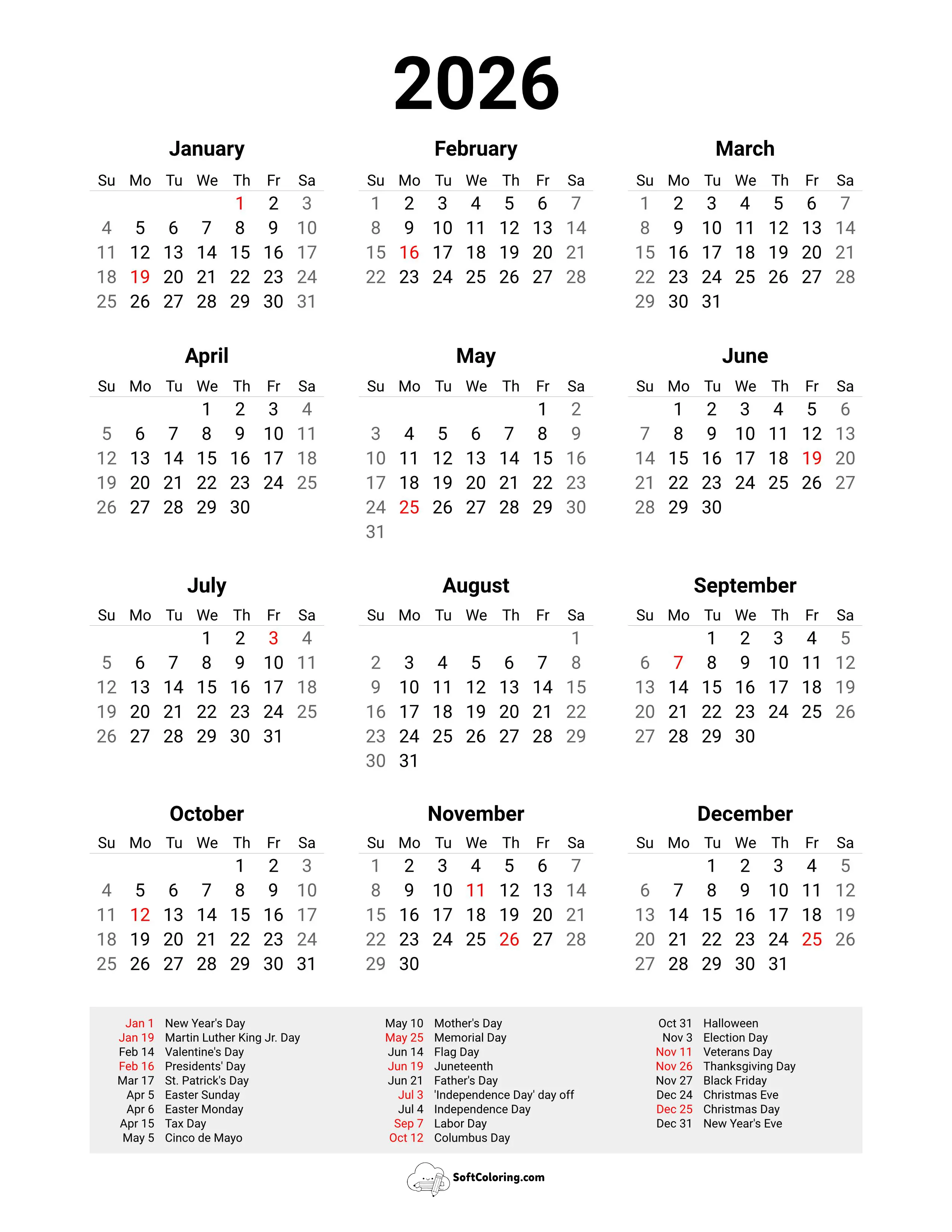 2026 Printable Calendar With Holidays