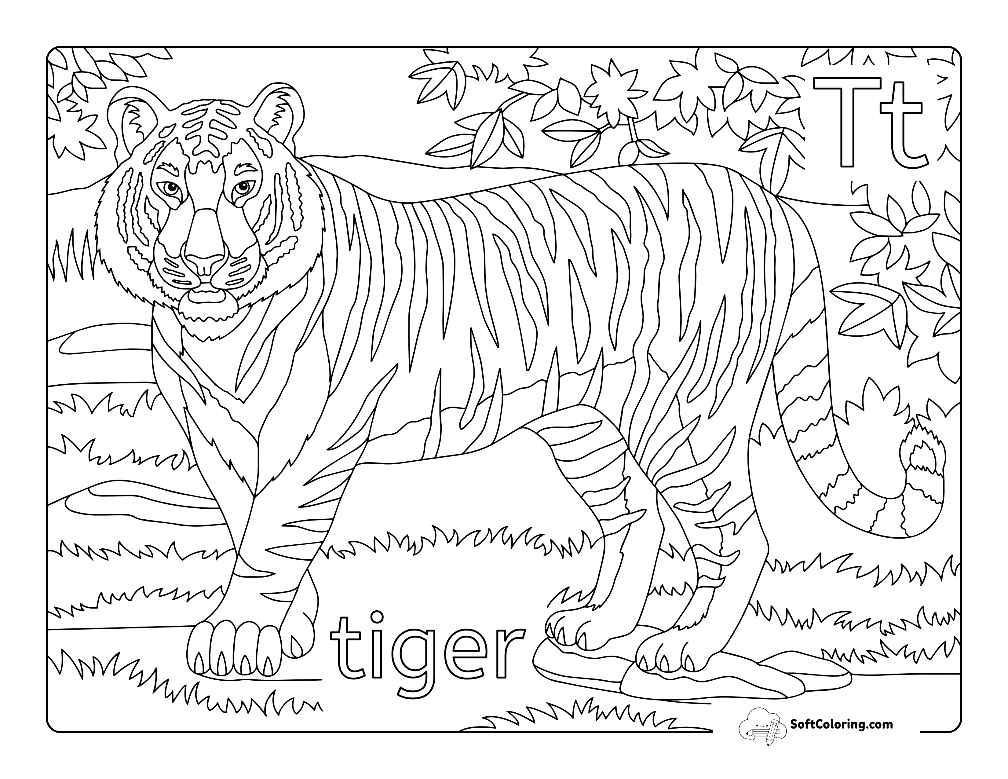 "T Is For Tiger" Printable To Color