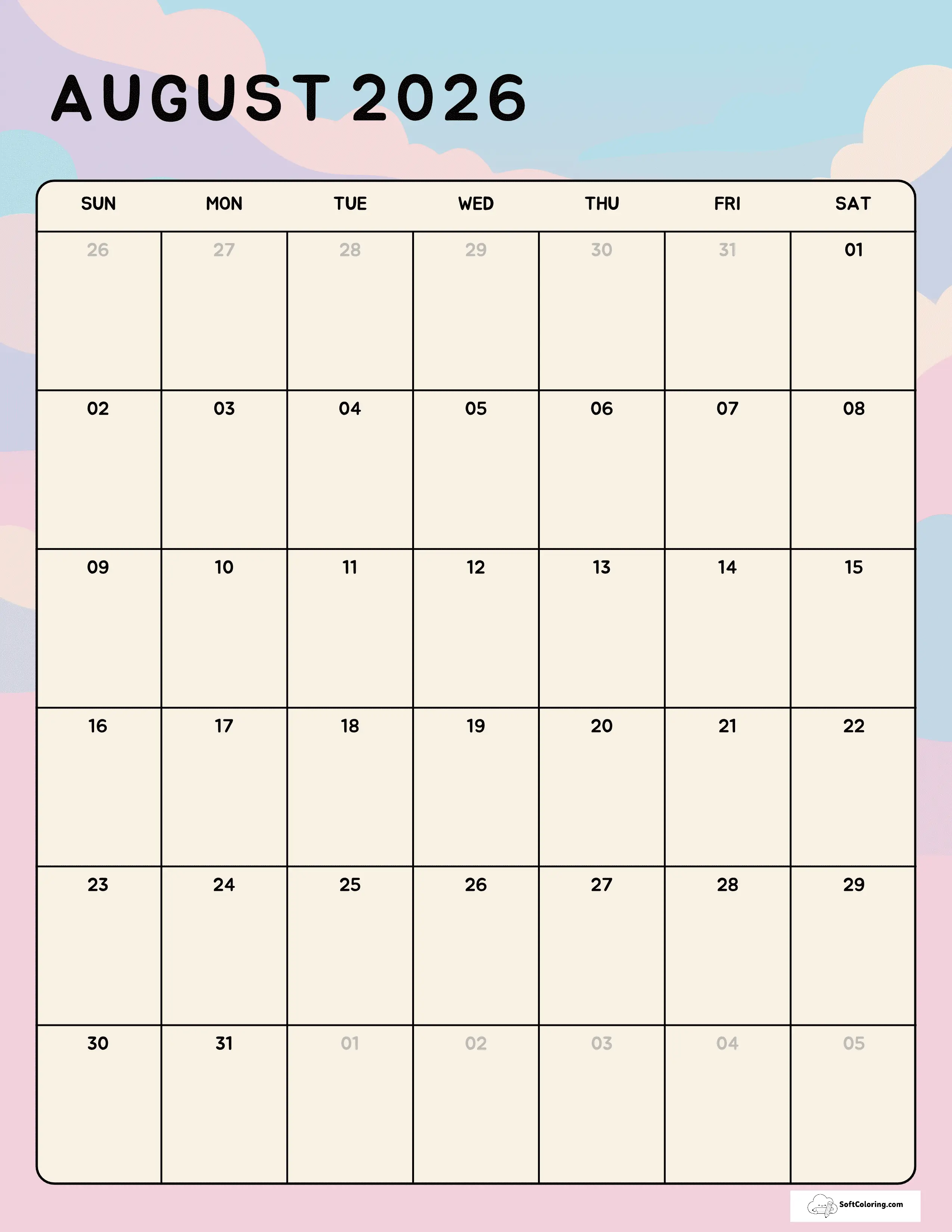 Pastel Clouds Portrait August 2026 Calendar Template