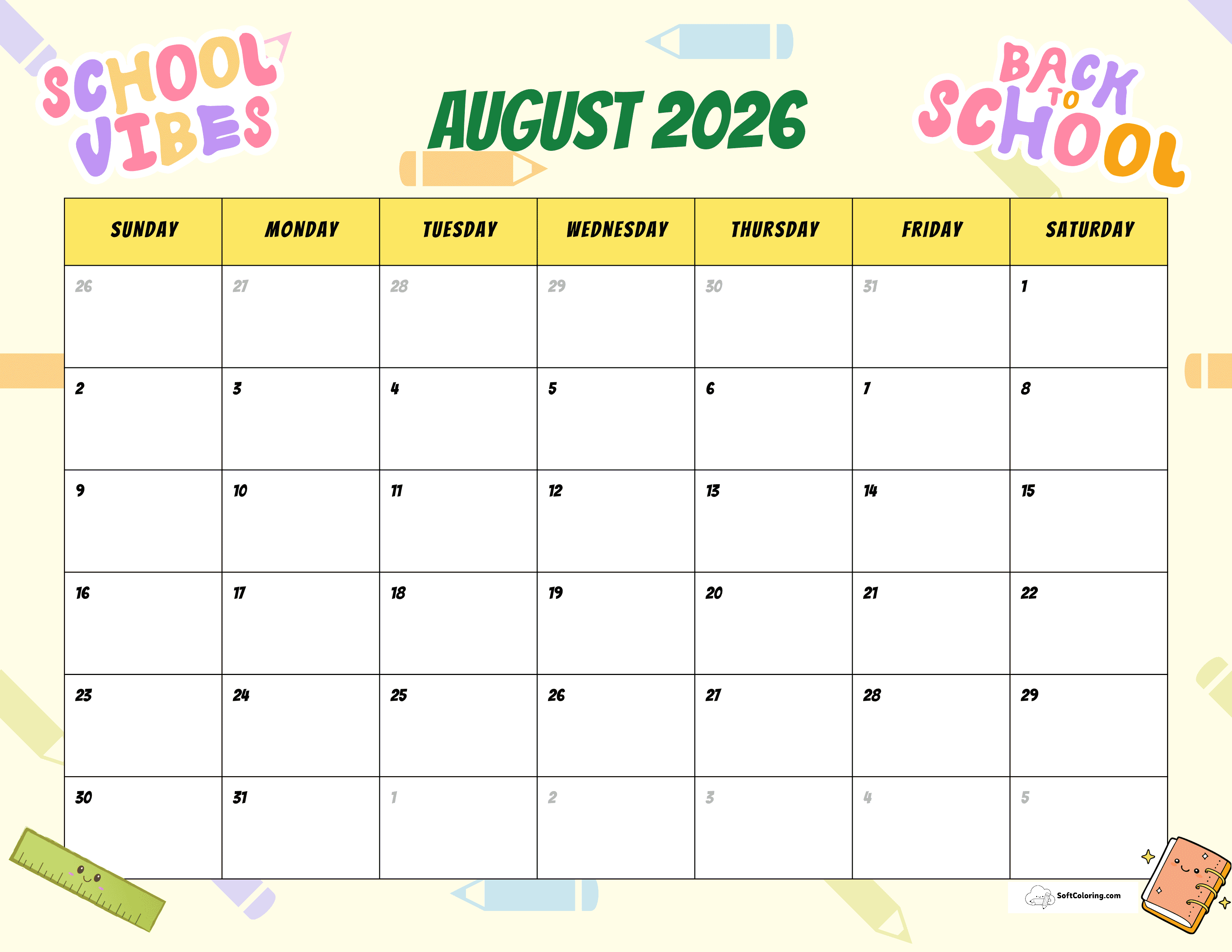 August 2026 Back To School Printable Calendar
