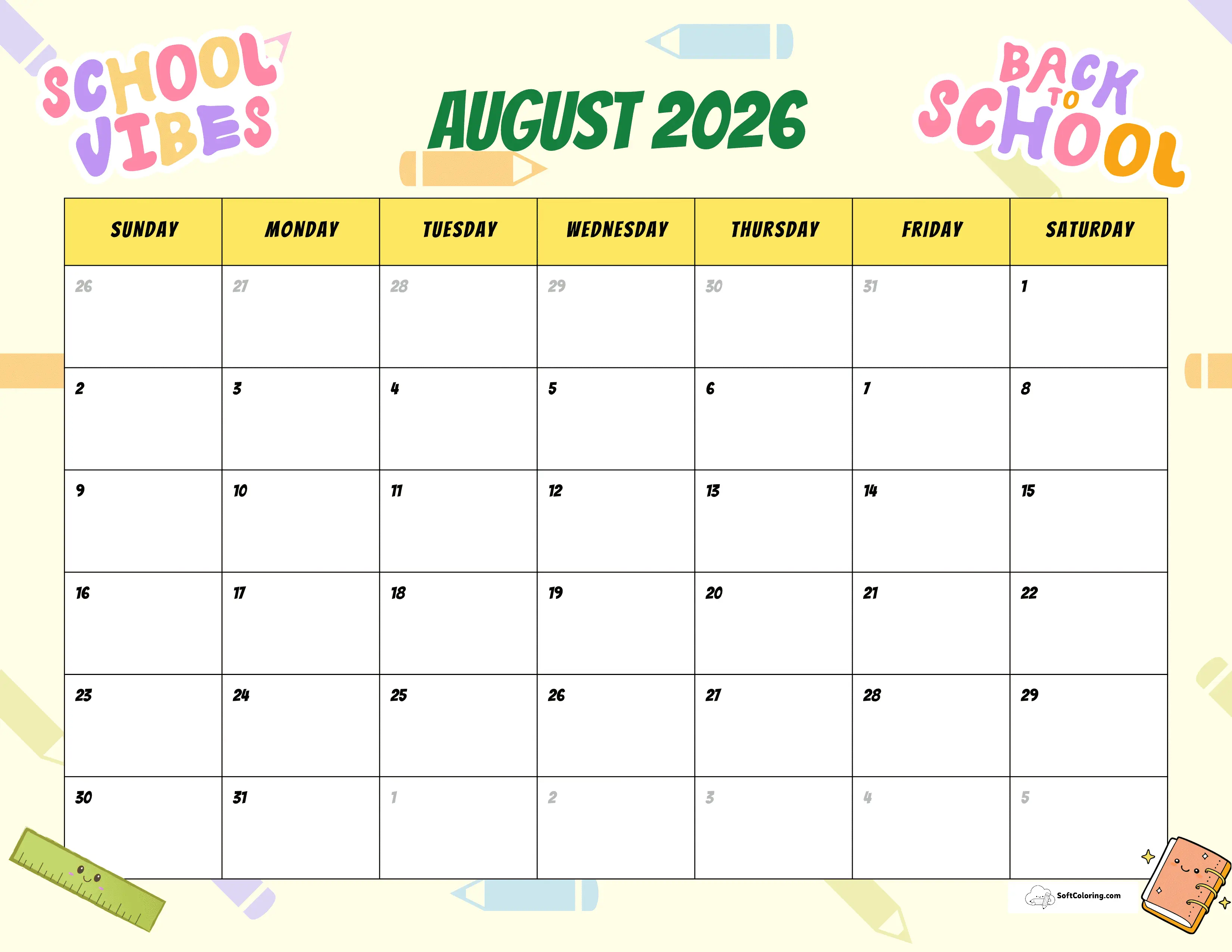 August 2026 Back To School Printable Calendar