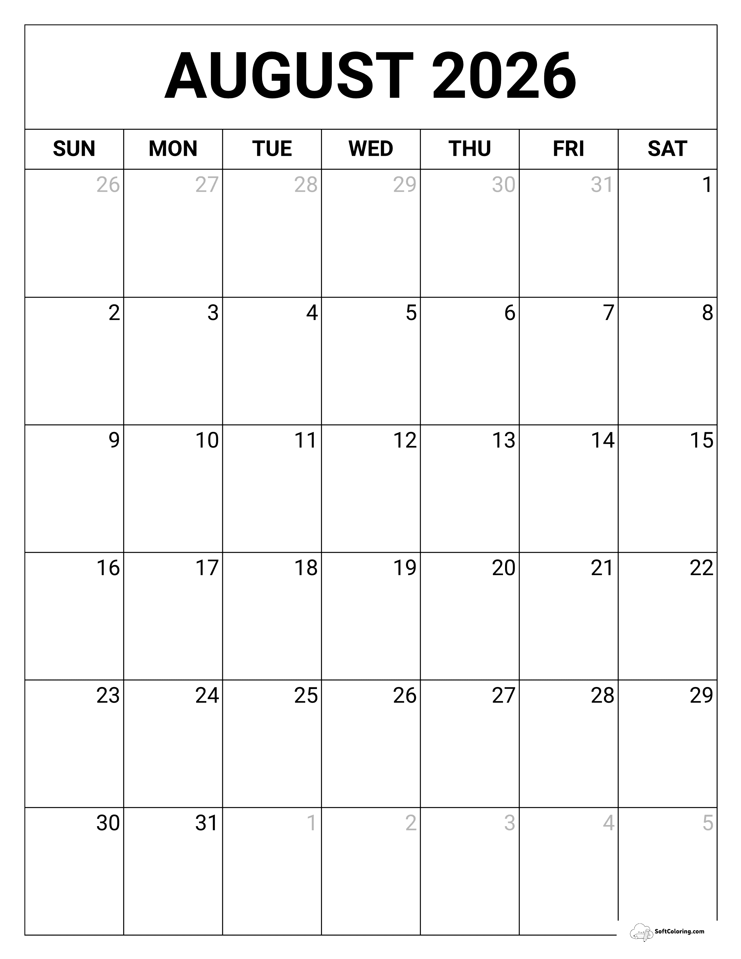 Blank Portrait August 2026 Printable Calendar Template