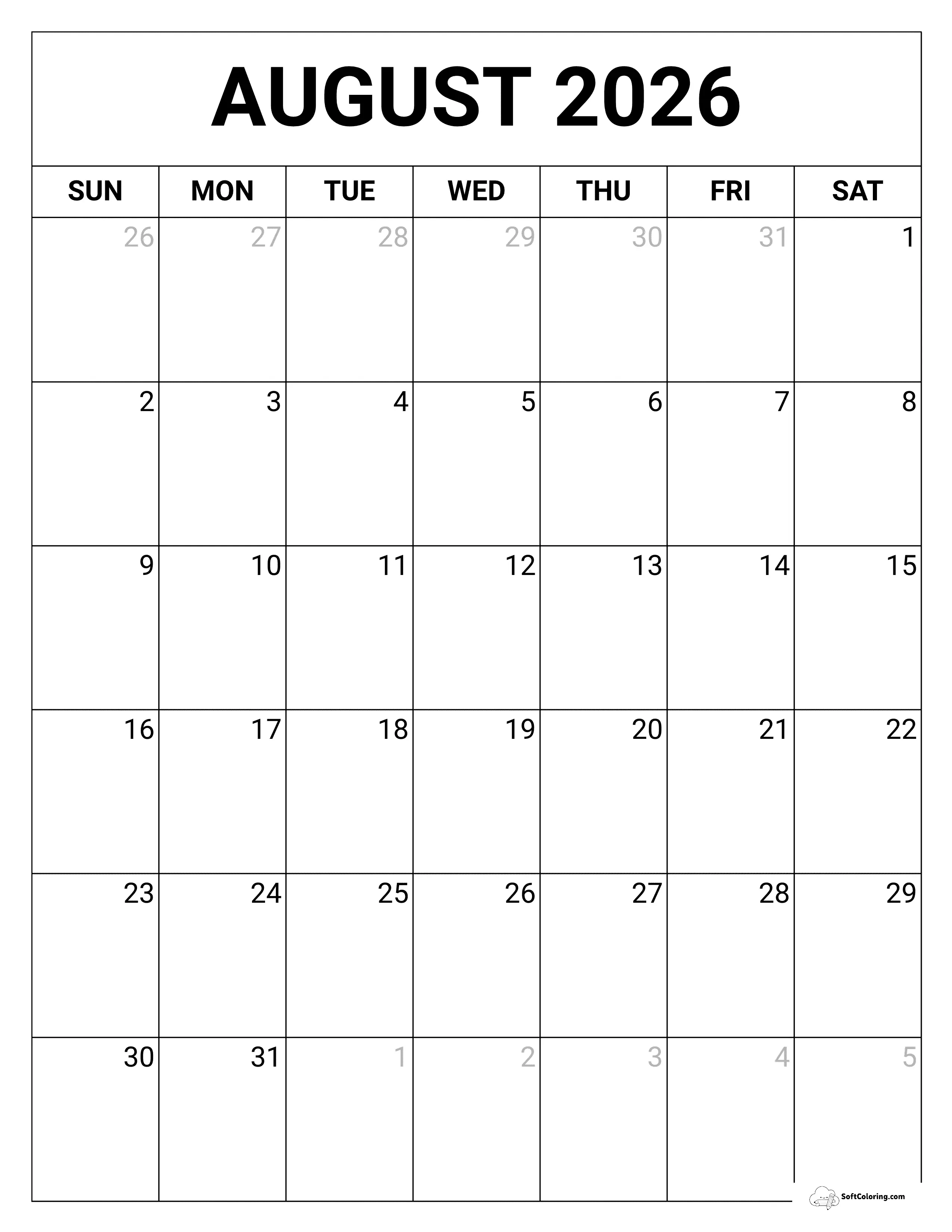 Blank Portrait August 2026 Printable Calendar Template