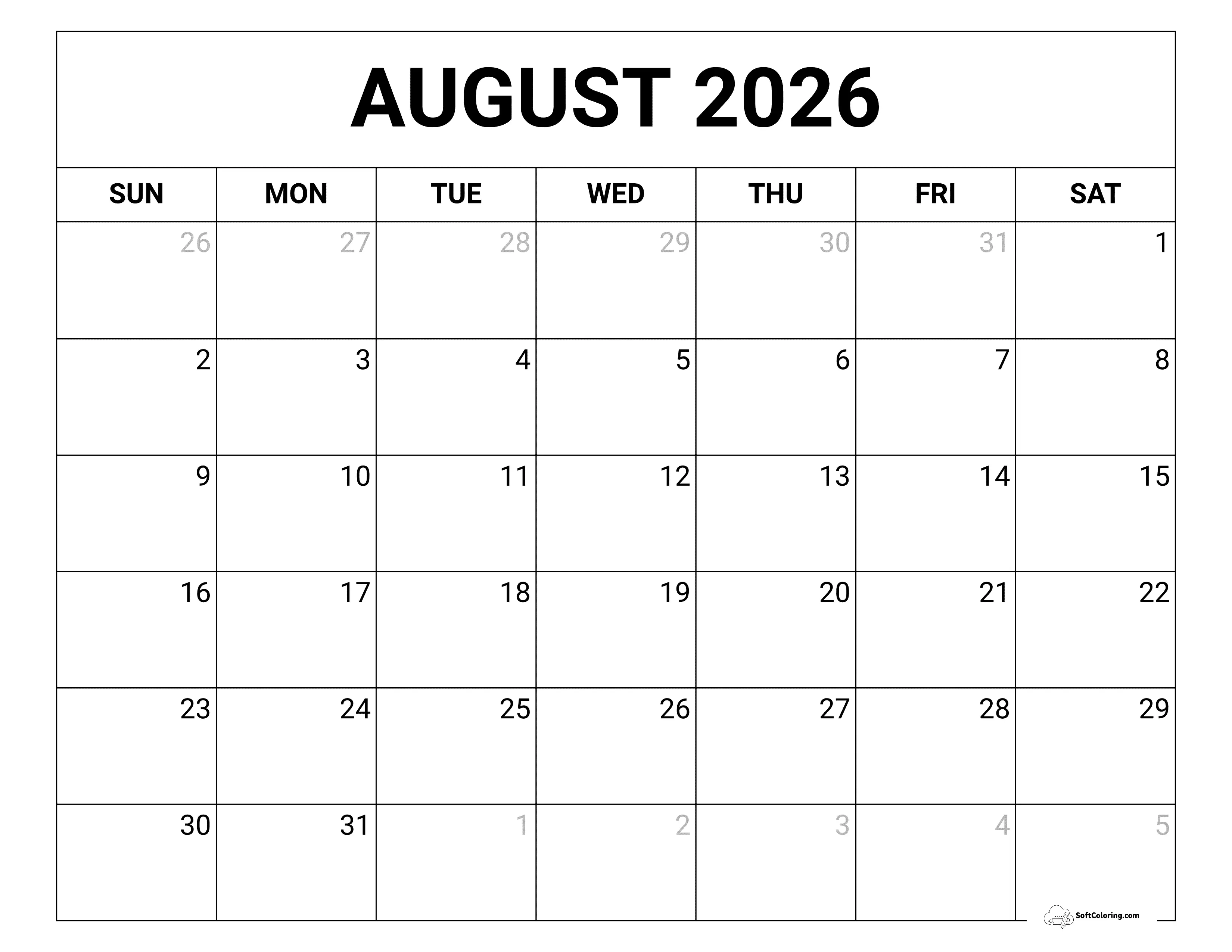 Blank August 2026 Printable Calendar Template