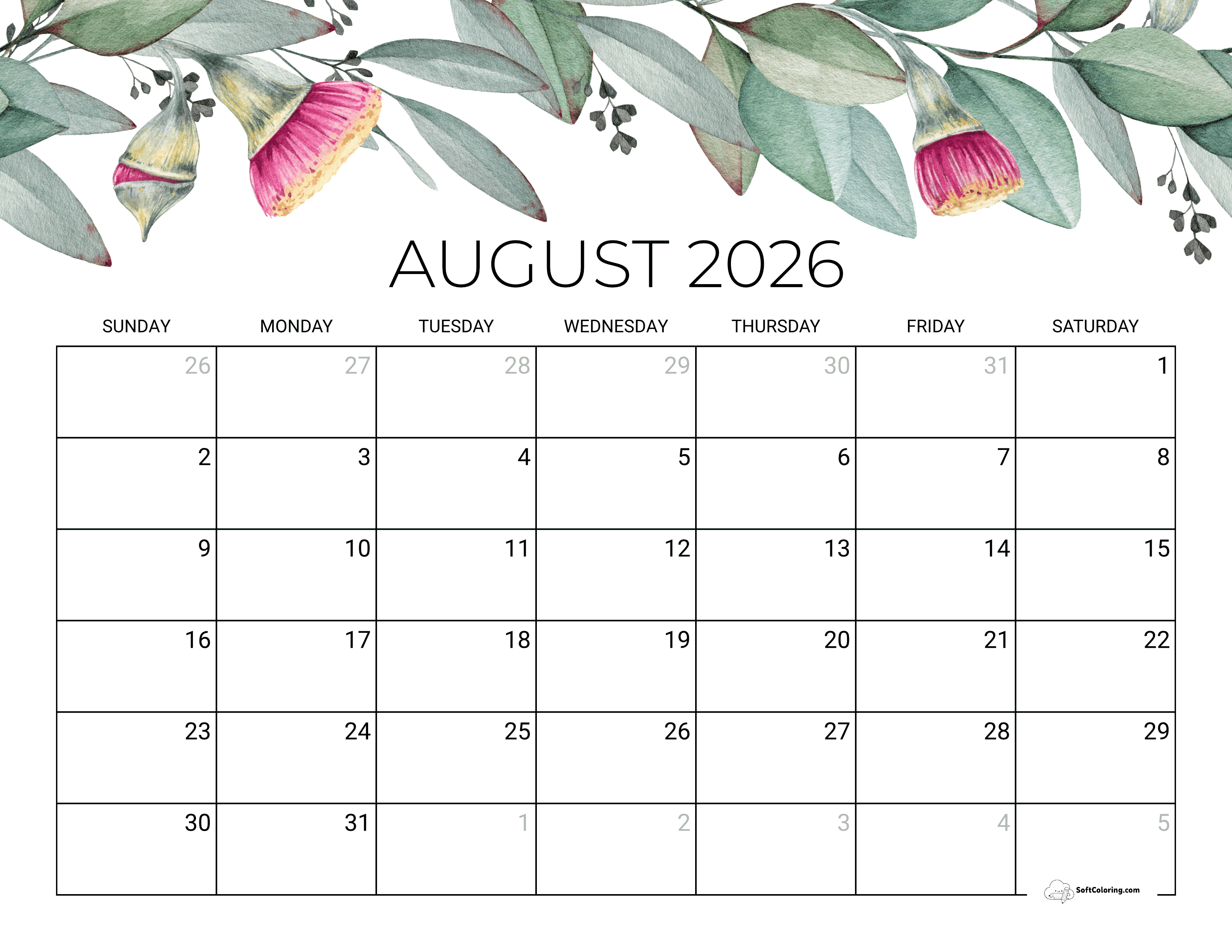 Eucalyptus Calendar Template August 2026 Download