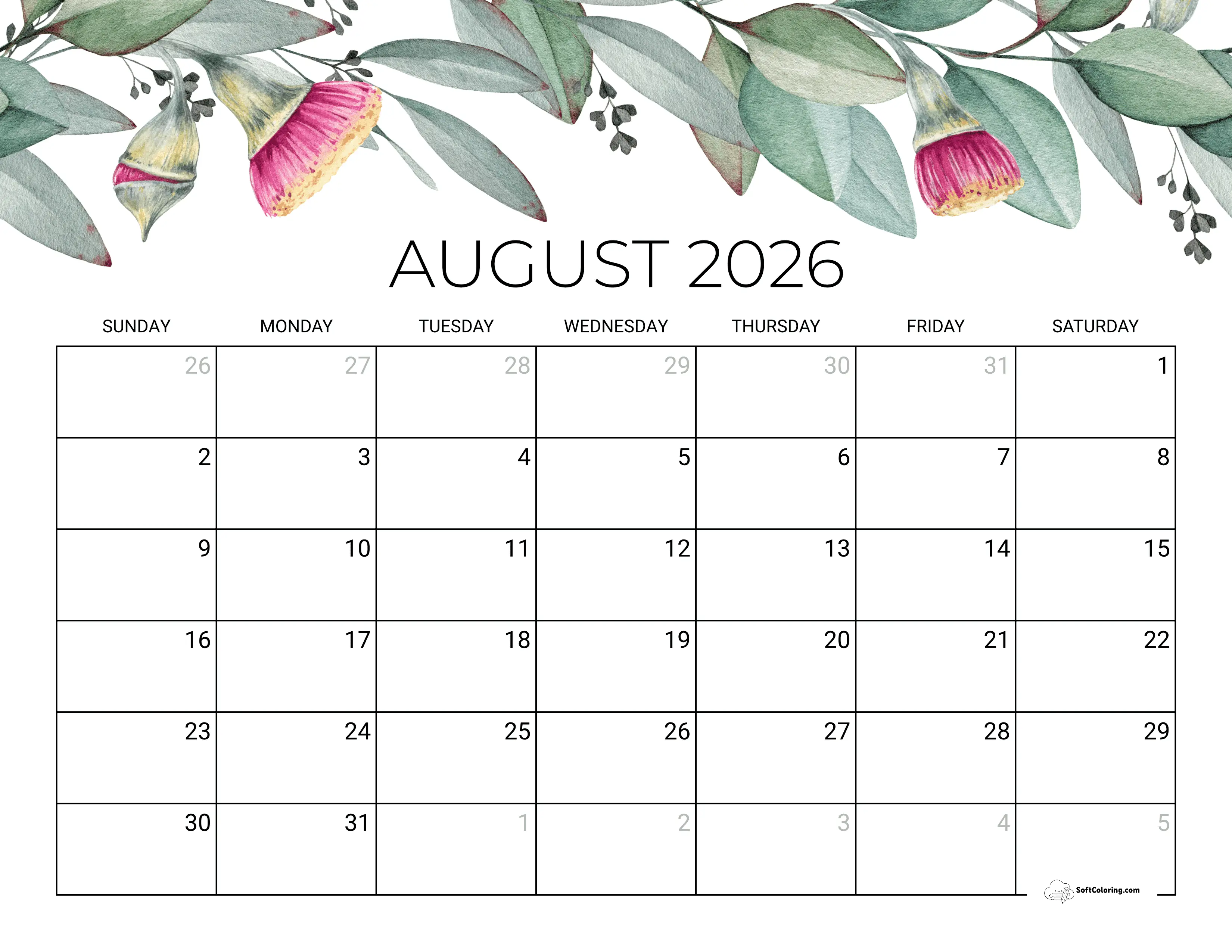 Eucalyptus Calendar Template August 2026 Download