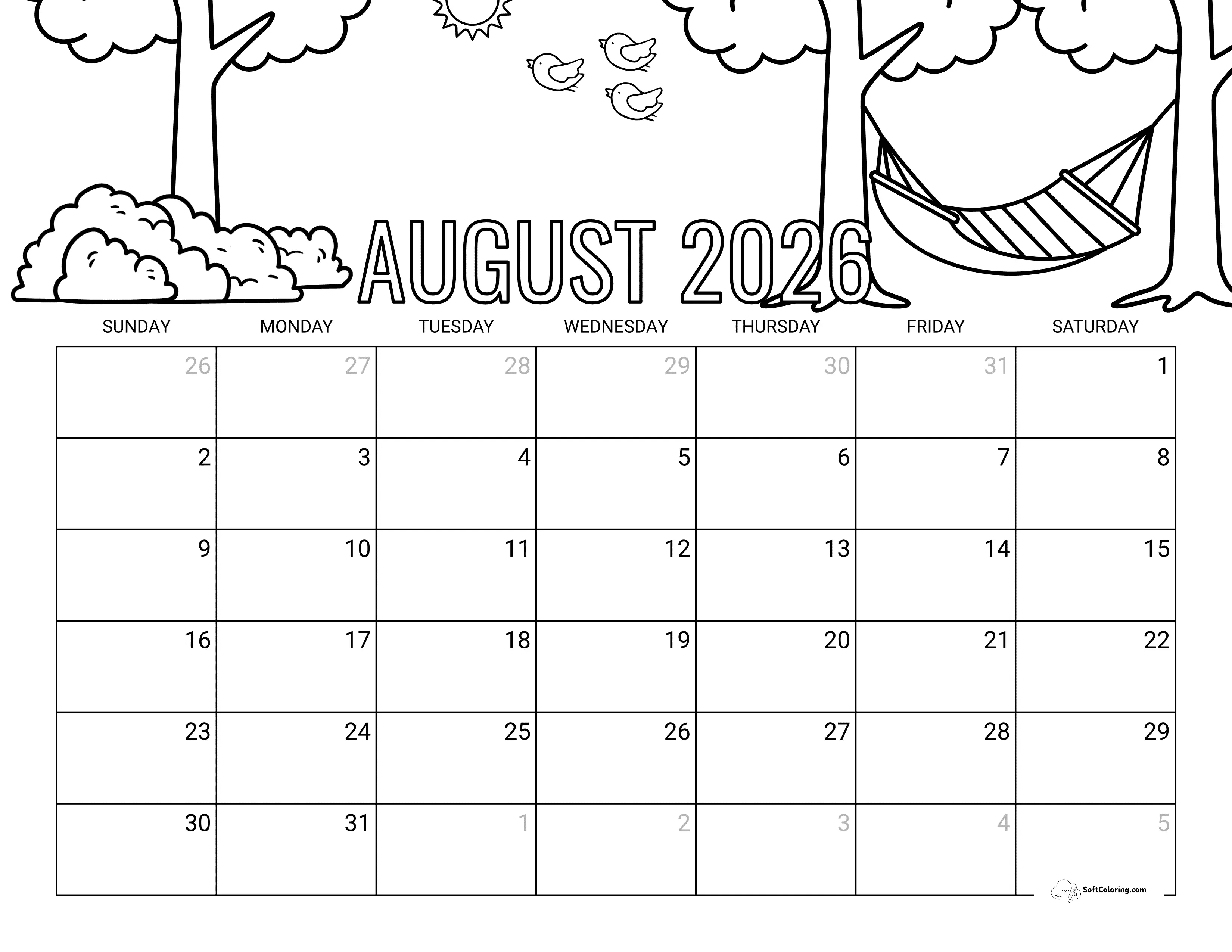 Summertime Hammock August 2026 Calendar Printable