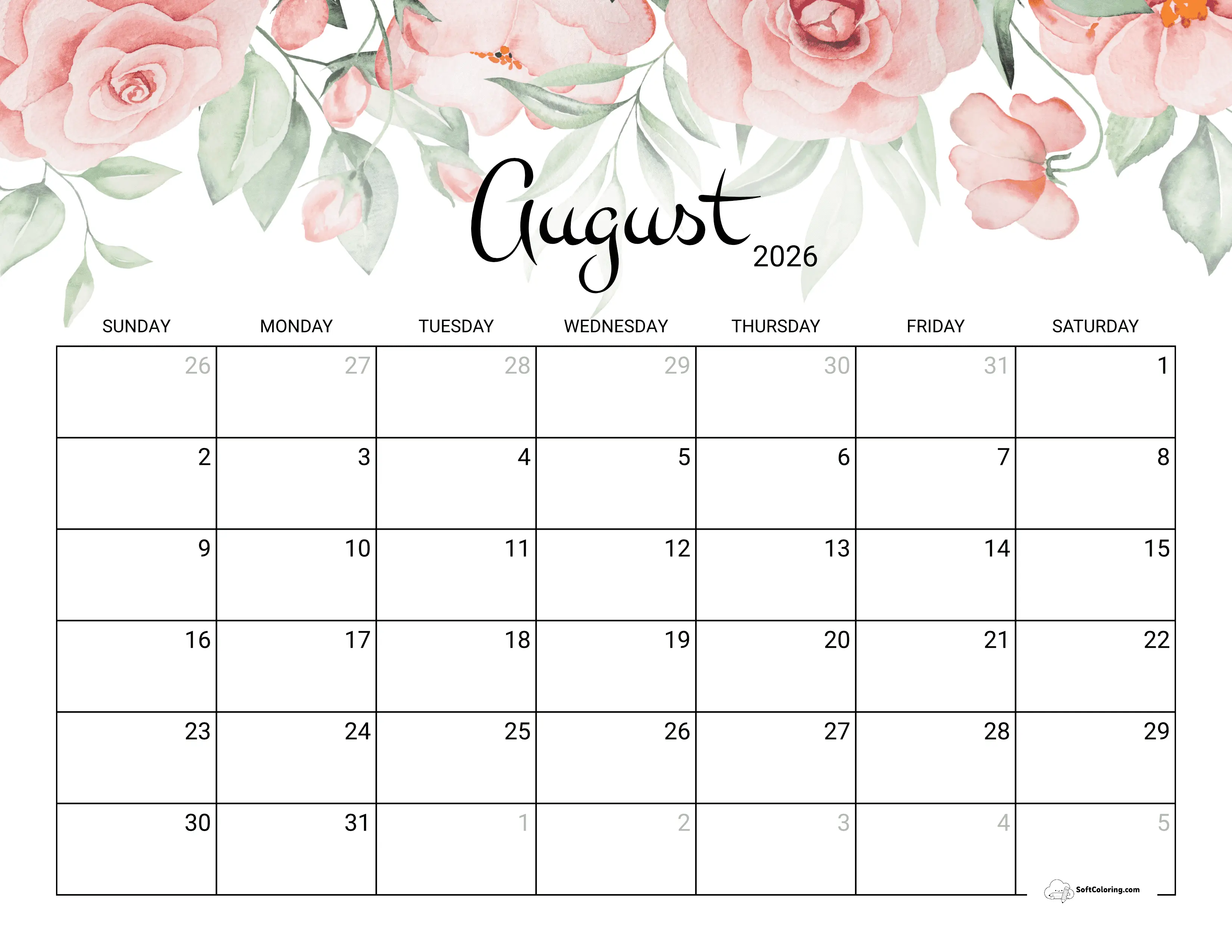 Roses Calendar Template August 2026 Download