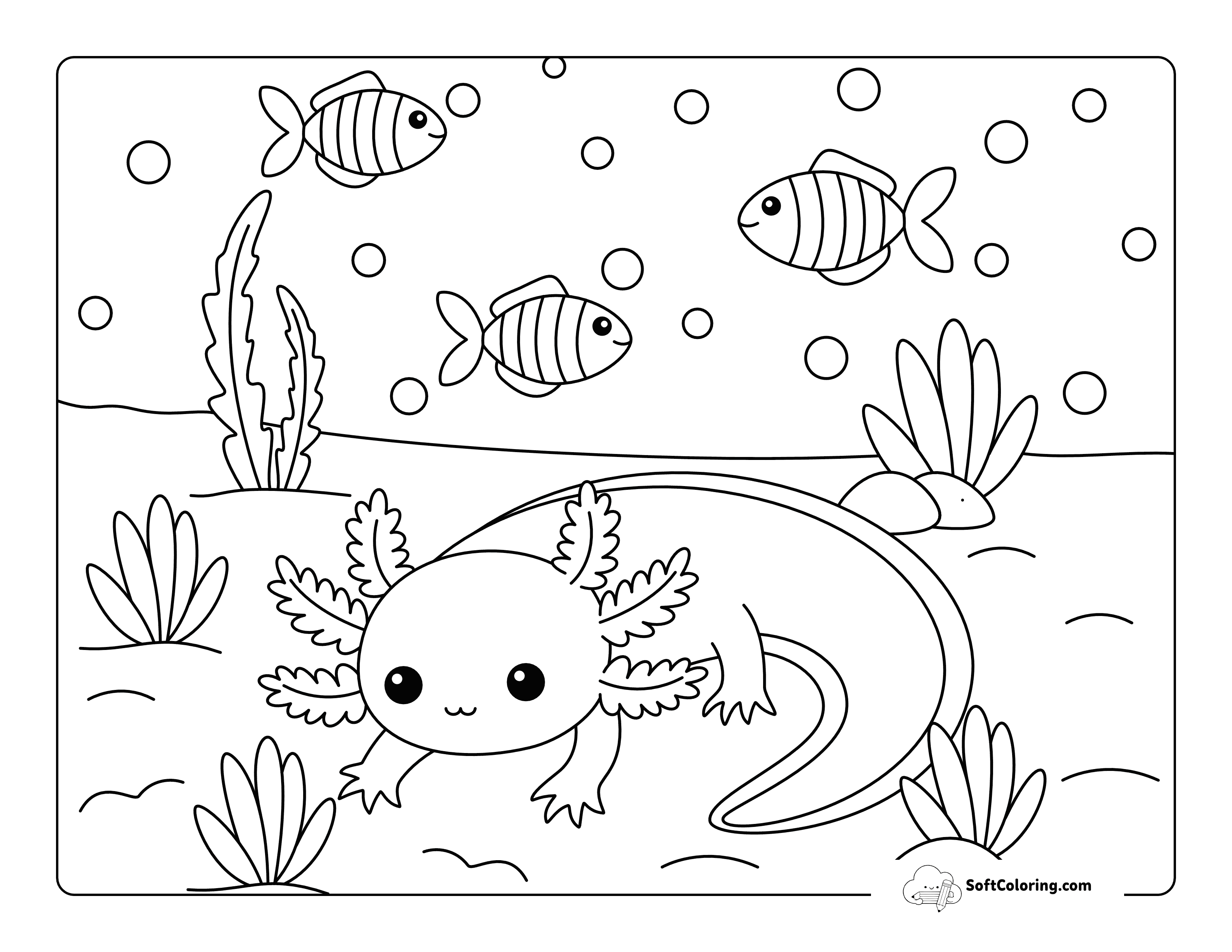 Chilling On The Lakebed - Easy Cute Axolotl Coloring Page
