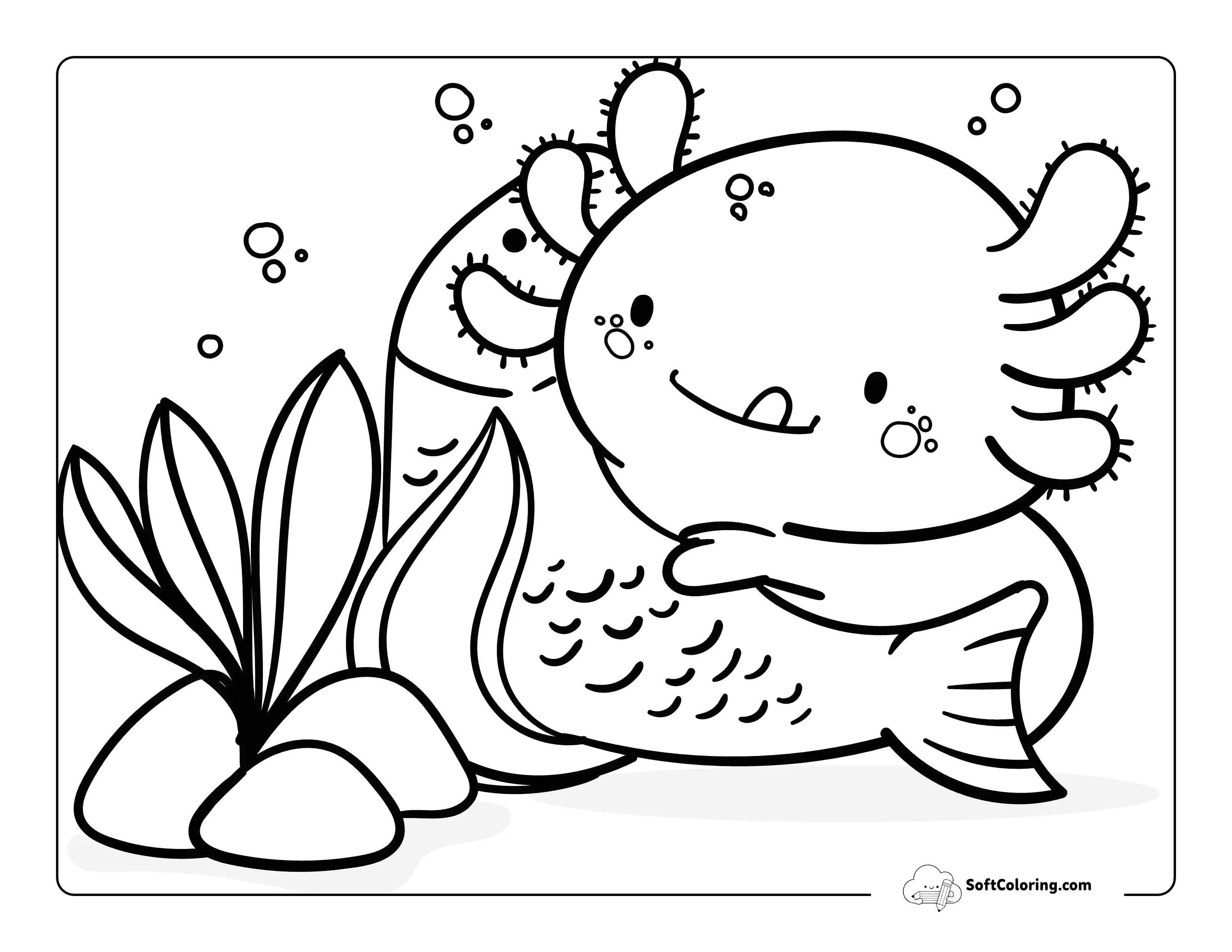 Kawaii Axolotl Eating A Fish Under Water Printable Coloring Page