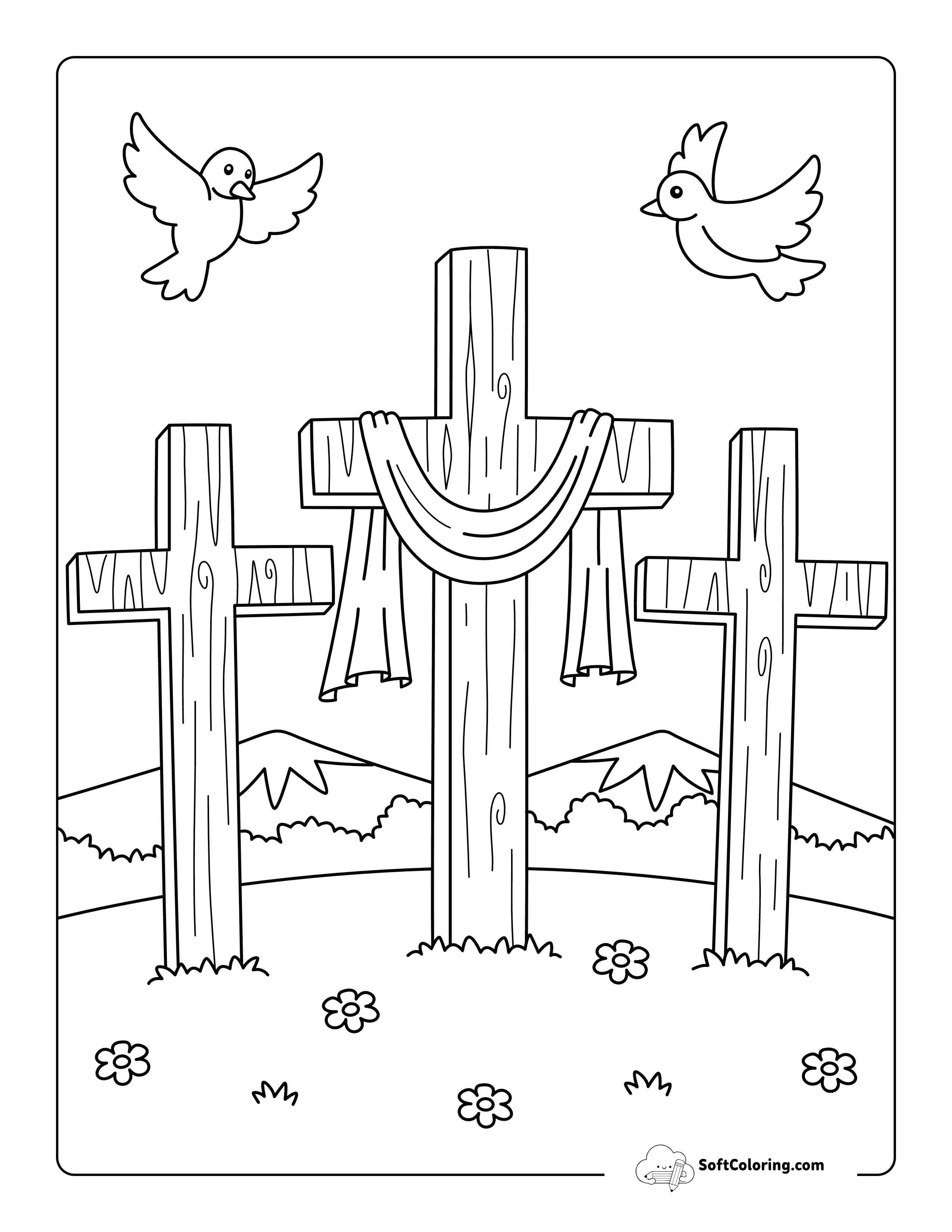 Three Crosses With Doves Bible Coloring Page