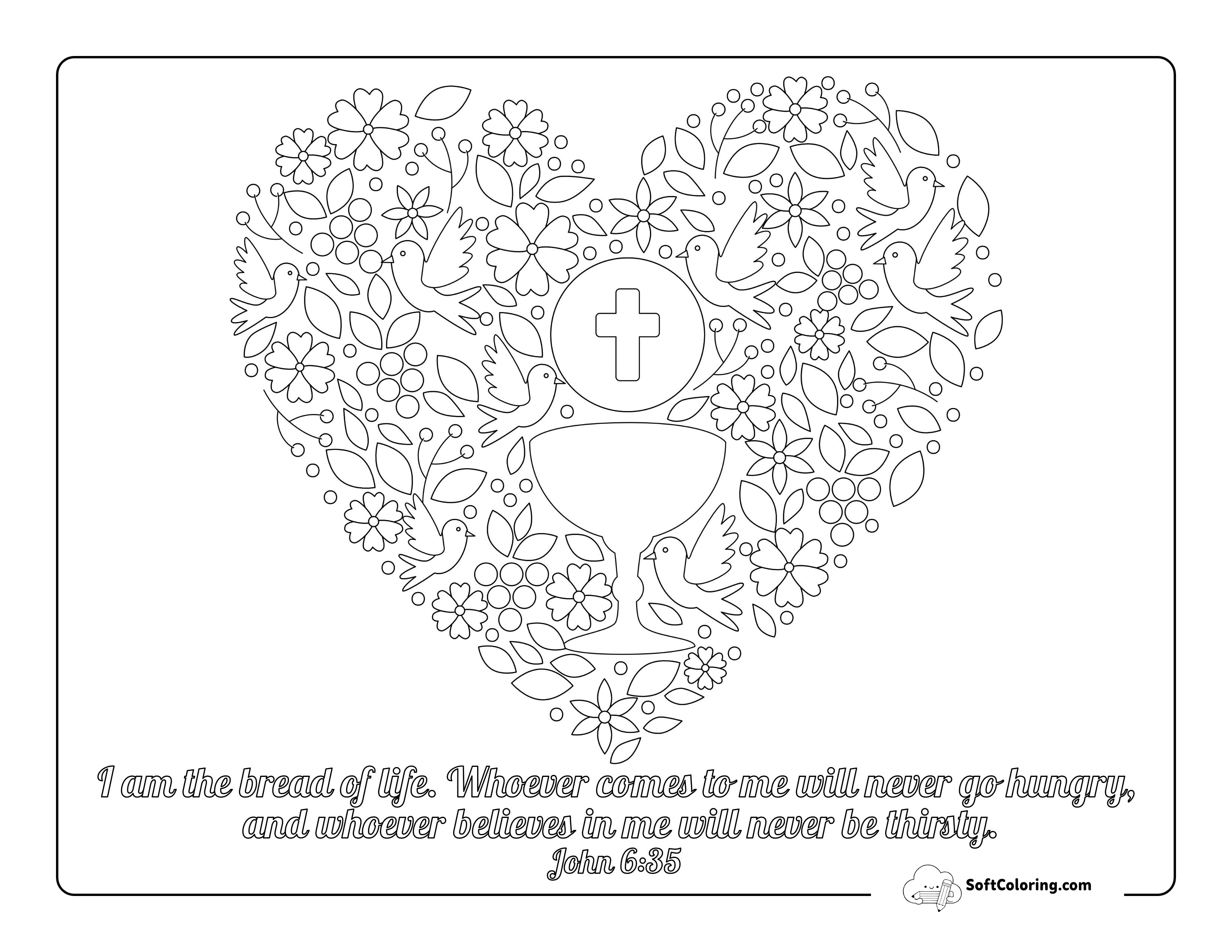 First Communion Heart Doodle For Kids To Color