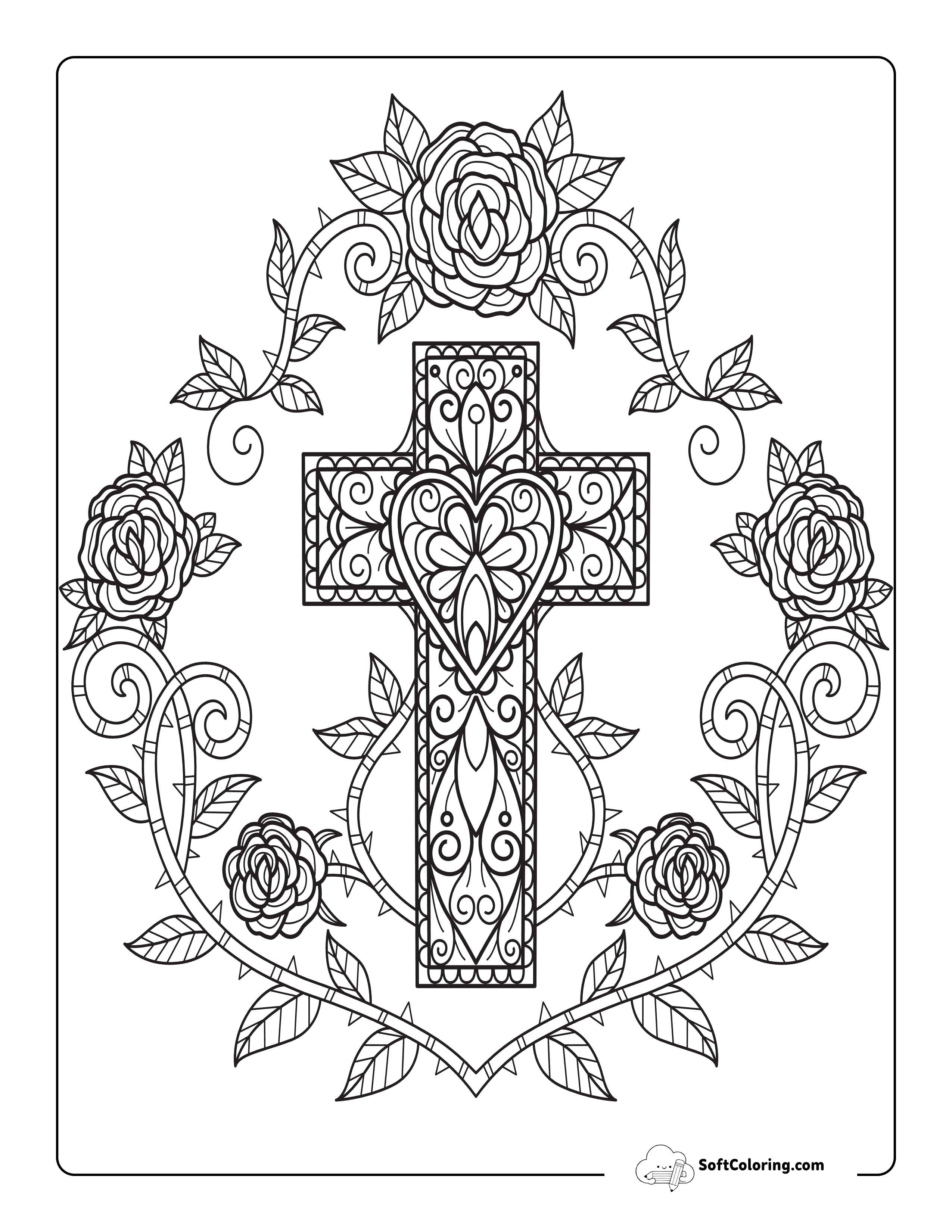 Intricate Cross With Roses Bible Coloring Page